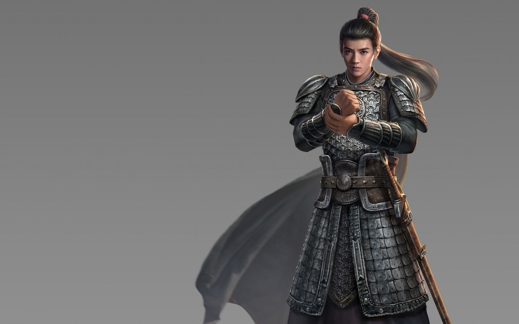 indoors, armor, studio shot, game, young adult, 720P, one person, three quarter length, tian zi, xiong jun, portrait, copy space, warm clothing, aggression, HD Wallpaper