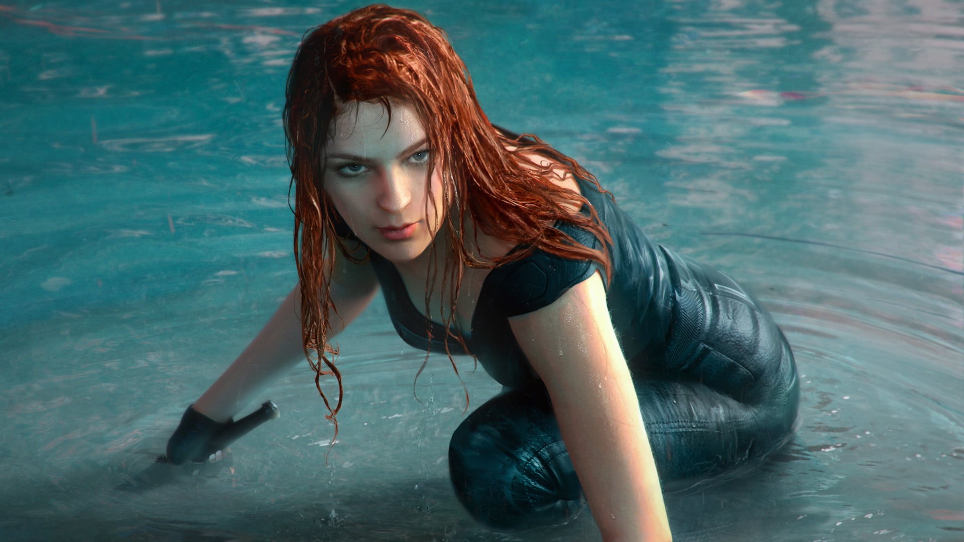 wet hair, redhead, 1080P, artwork, Tian Zi, HD Wallpaper