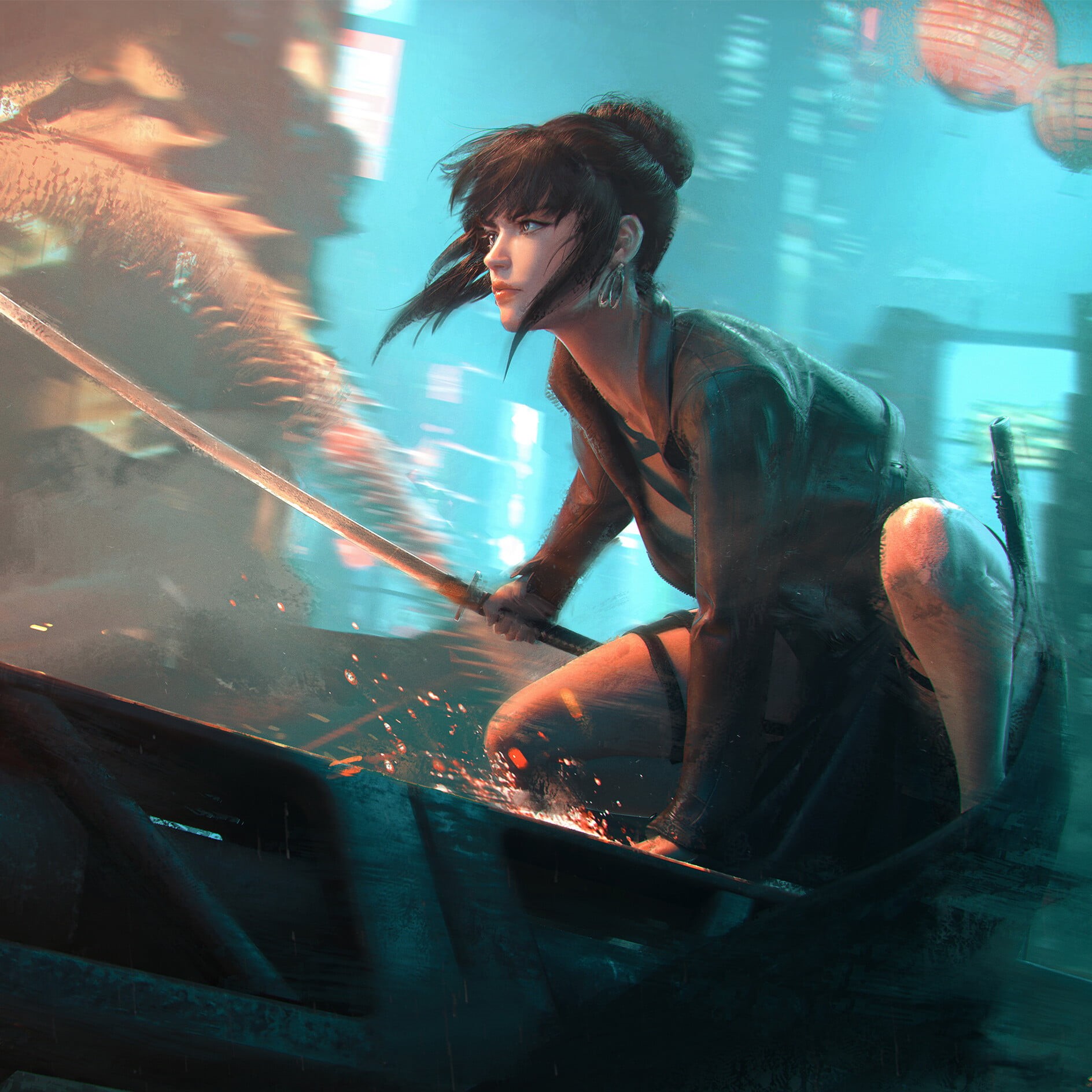 katana, 720P, brunette, rust, drawing, women, wind, sparks, weapon, Tian Zi, Phone HD Wallpaper