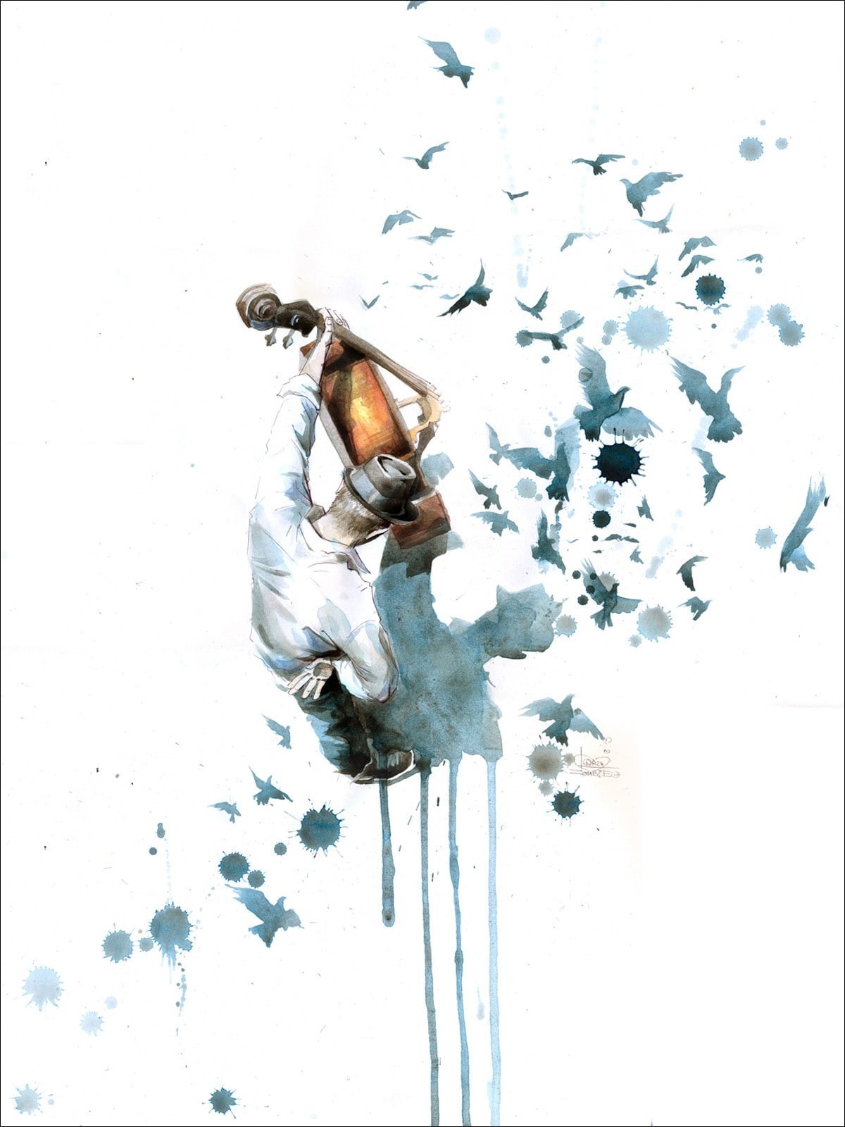 artwork, birds, classic art, digital art, oil painting, contrabass, minimalism, paint splatter, music, 720P, musician, men, hat, painting, watercolor, Phone HD Wallpaper