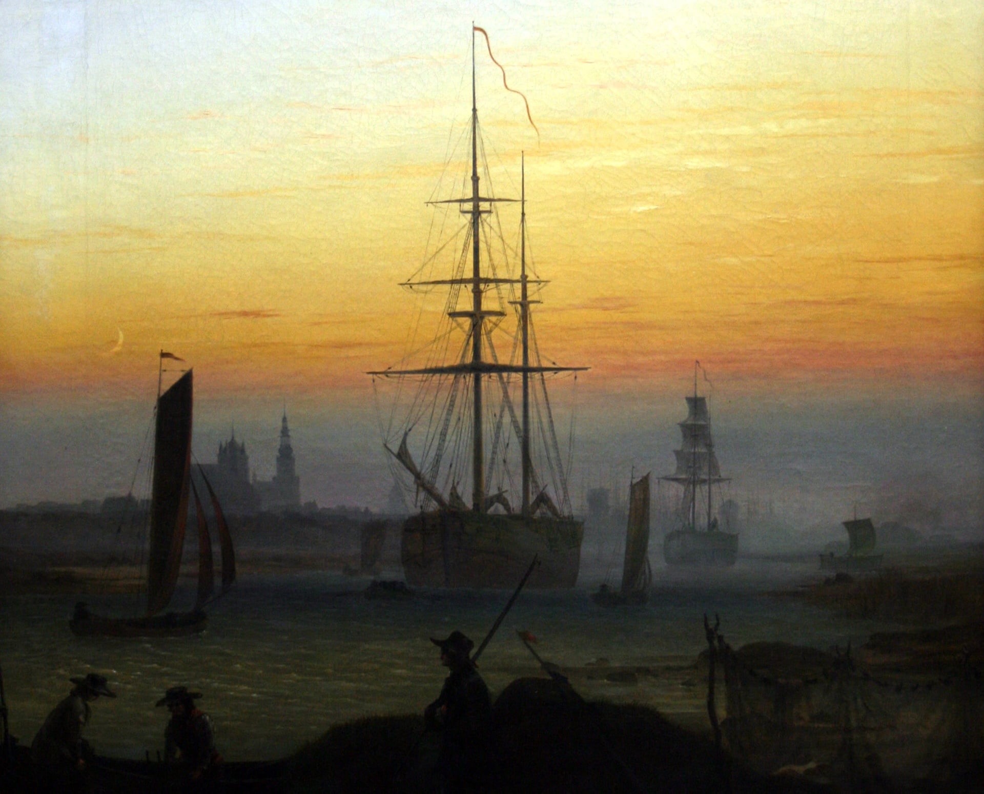 silhouette, 1080P, Caspar David Friedrich, picture, Harbour, ship, HD Wallpaper