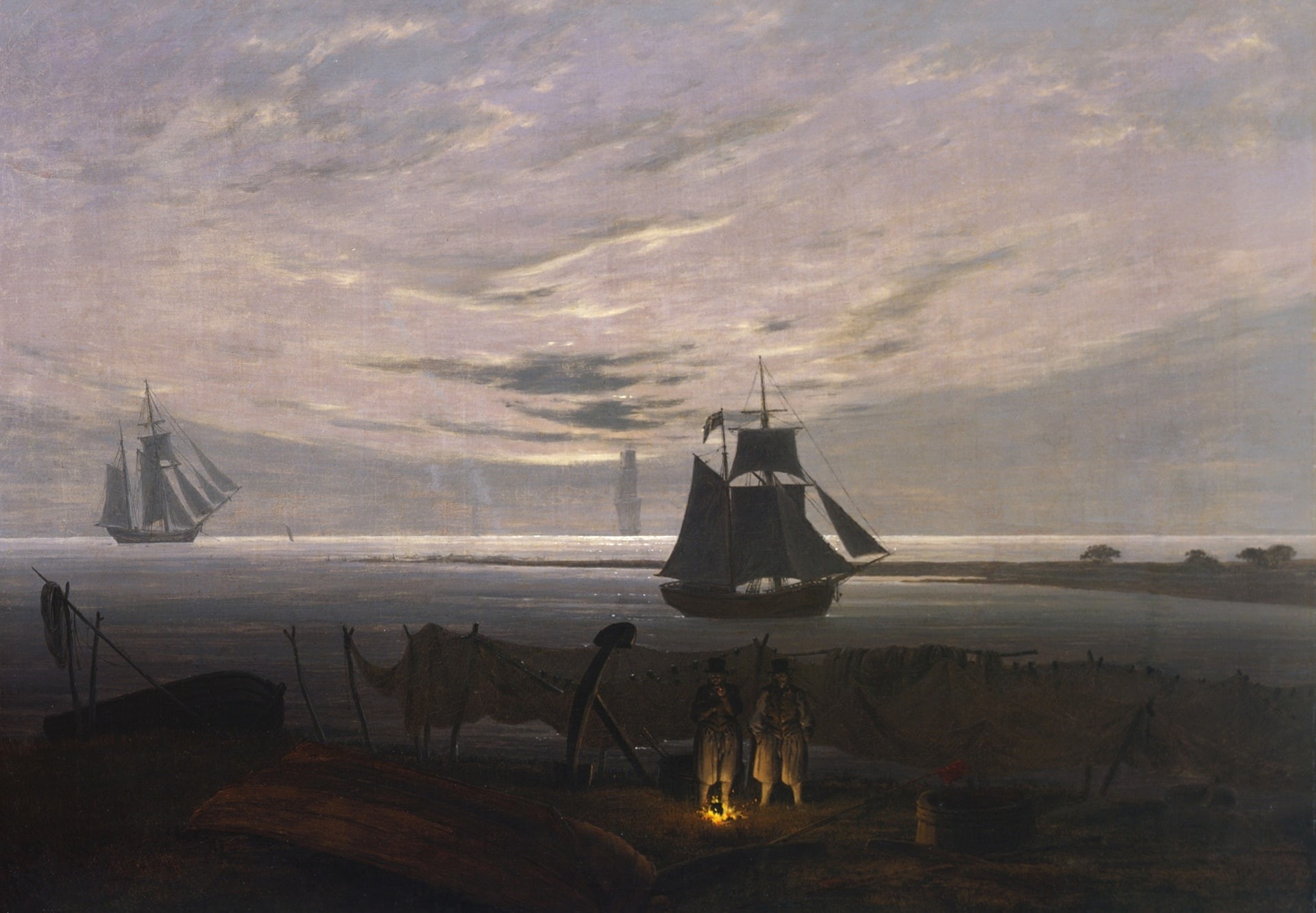 picture, Evening on the Baltic sea, landscape, 1080P, ship, Caspar David Friedrich, parts, the fire, HD Wallpaper