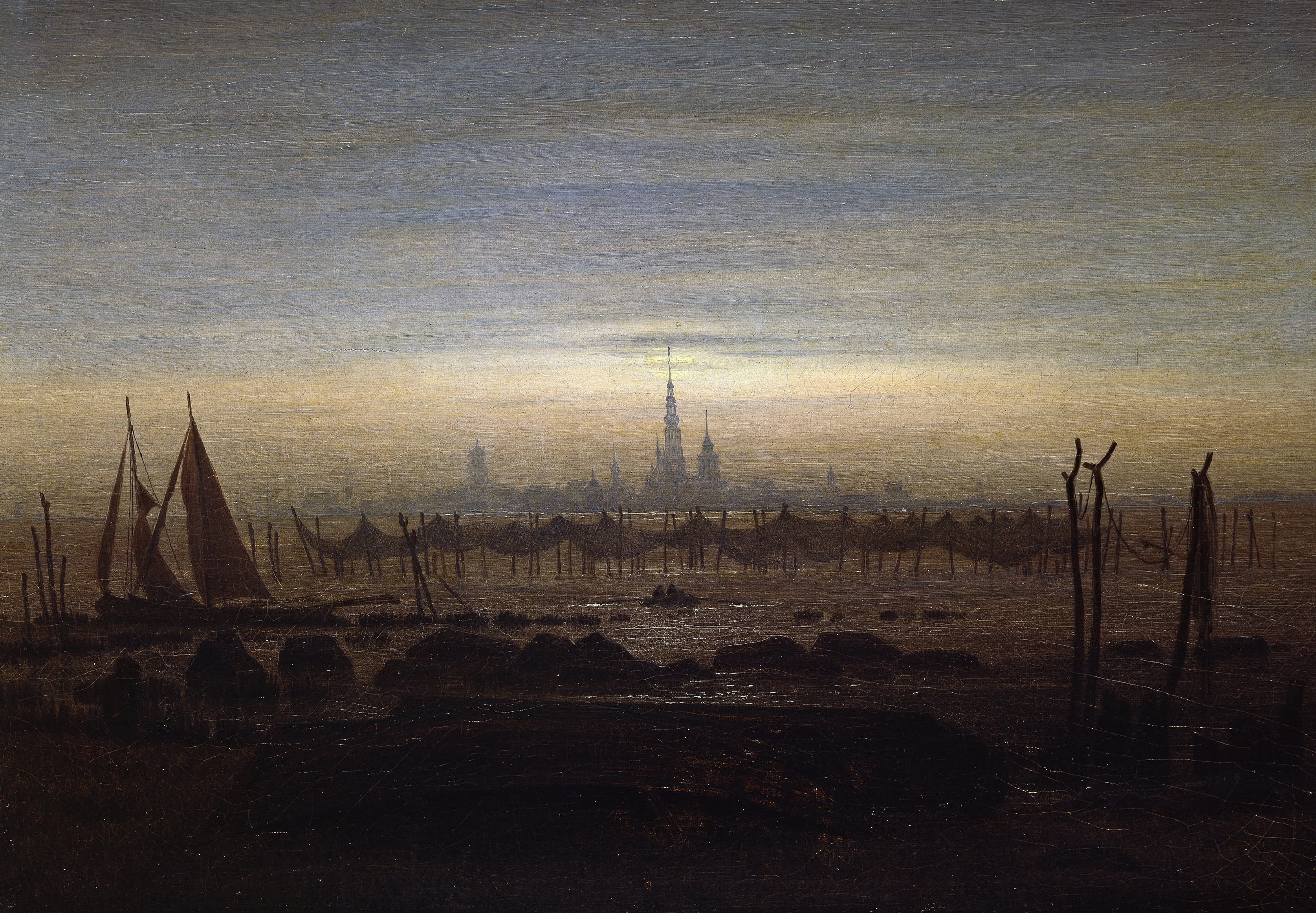 Caspar David Friedrich, tower, Greifswald in Moonlight, boat, 2K, network, picture, the city, sail, landscape, HD Wallpaper