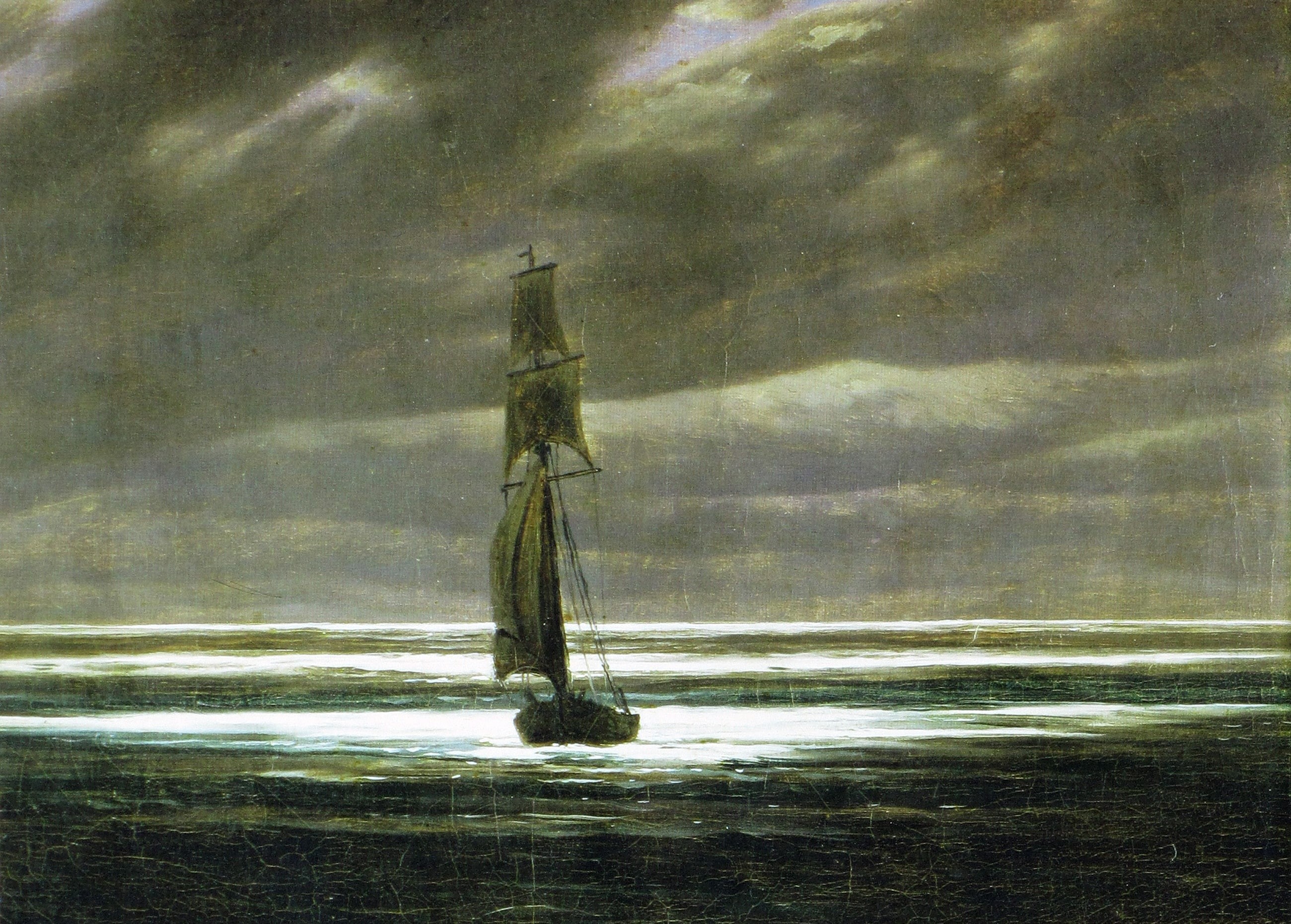 picture, 2K, Caspar David Friedrich, seascape, ship, sail, The shore in the Moonlight, HD Wallpaper