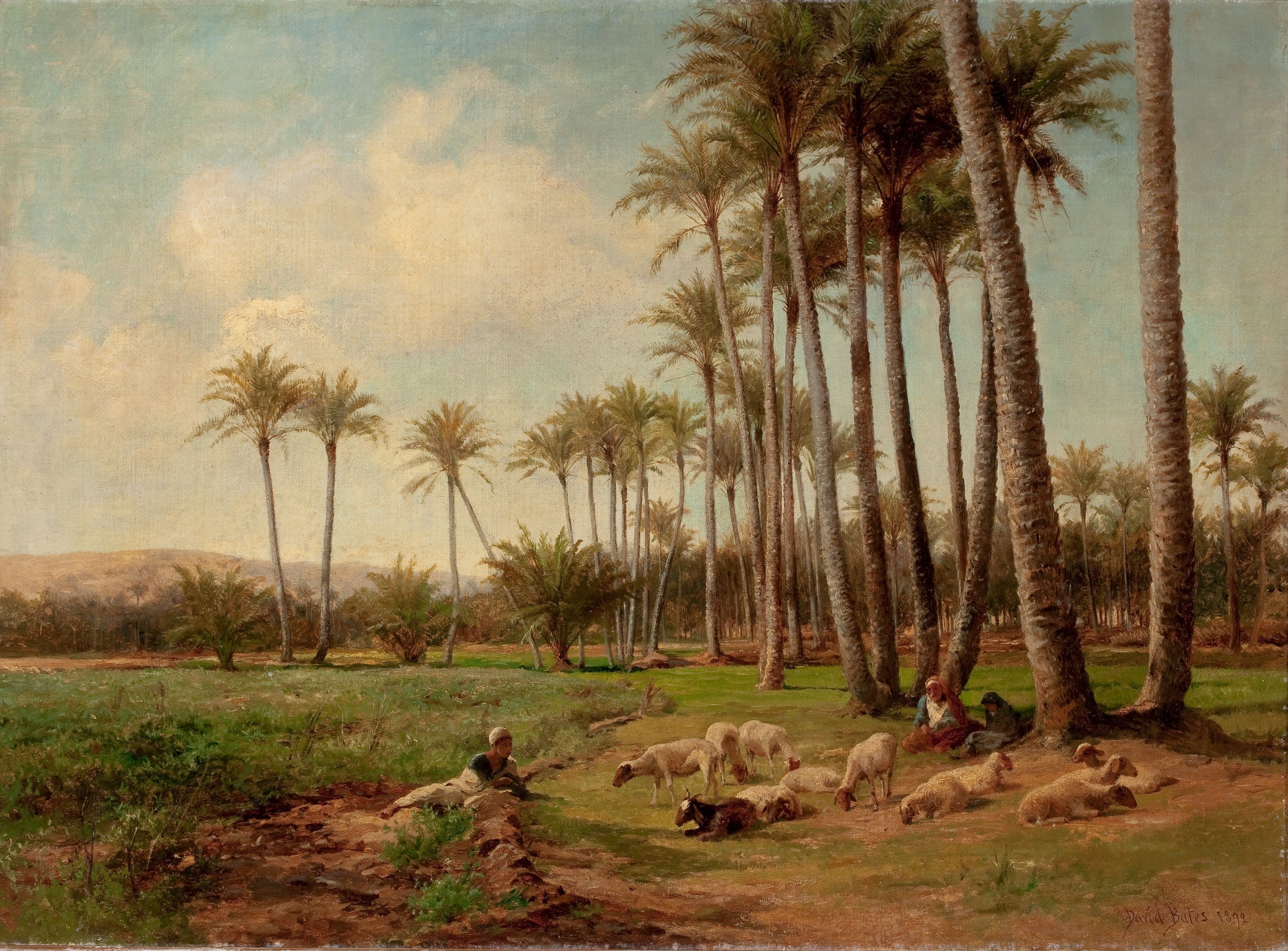 scenic, group of animals, outside, no people, artistic, clouds, painting, palm tree, animal themes, oil on canvas, people, land, oasis, animal, trees, david bates, HD Wallpaper