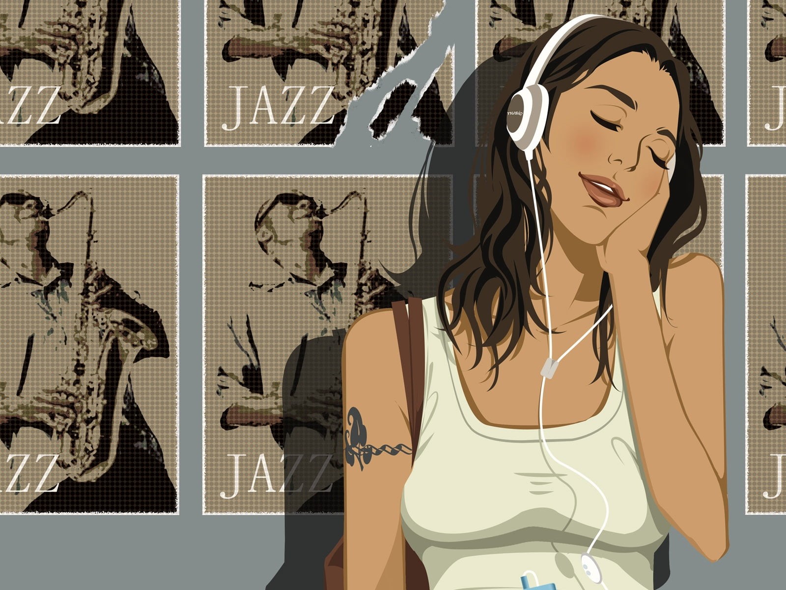 vector, leisure activity, wall - building feature, standing, illustration, people, top, beautiful, tank, women, young Adult, beauty, females, jazz, headphones, HD Wallpaper