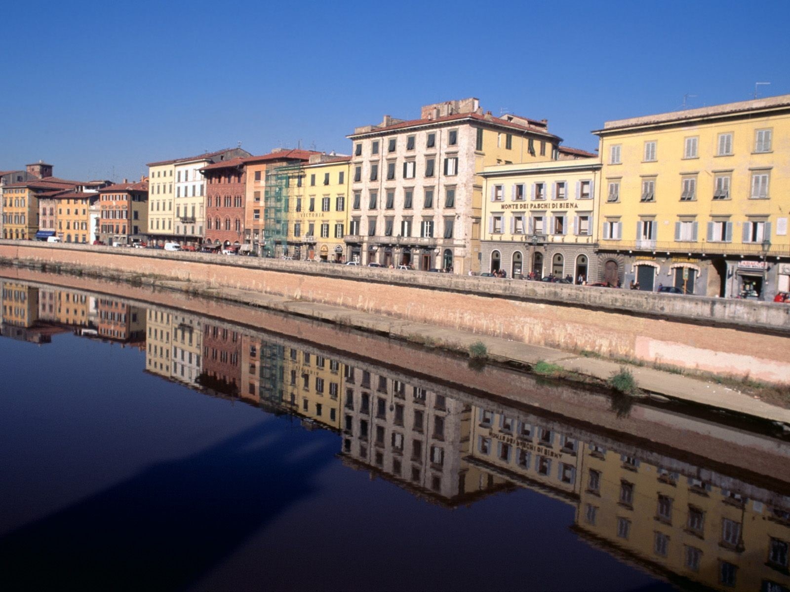 sky, clear sky, 720P, architecture, Siena, no people, outdoors, travel destinations, river, canal, city, town, street, reflection, Italy, building exterior, HD Wallpaper