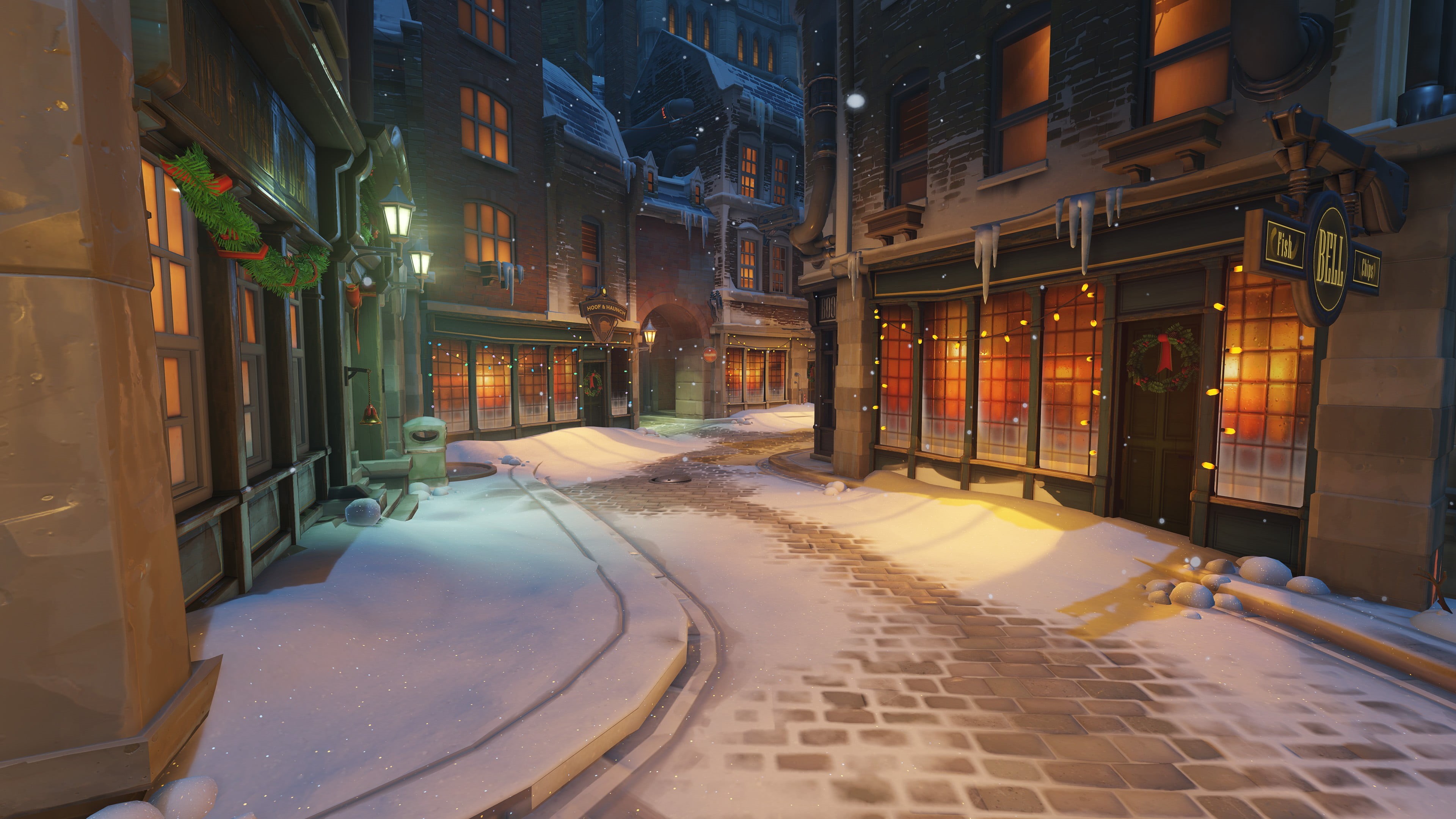 Overwatch, reflection, window, footpath, city, KINGSROW, residential district, built structure, Christmas, outdoors, building exterior, the way forward, HD Wallpaper