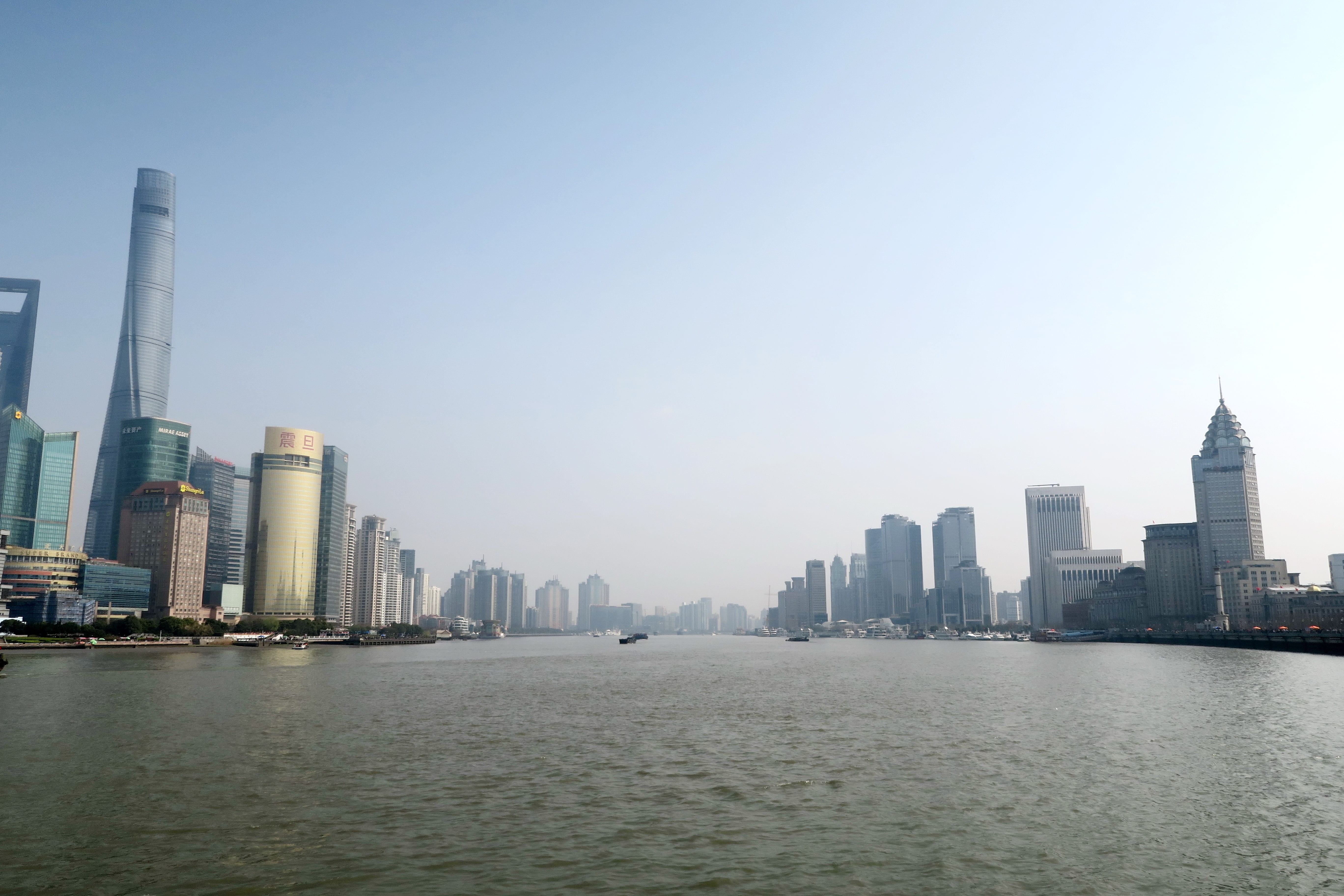 city, sky, clear sky, shanghai, water, building, office building exterior, modern, outdoors, pollution, built structure, tall - high, tower, huangpu river, HD Wallpaper