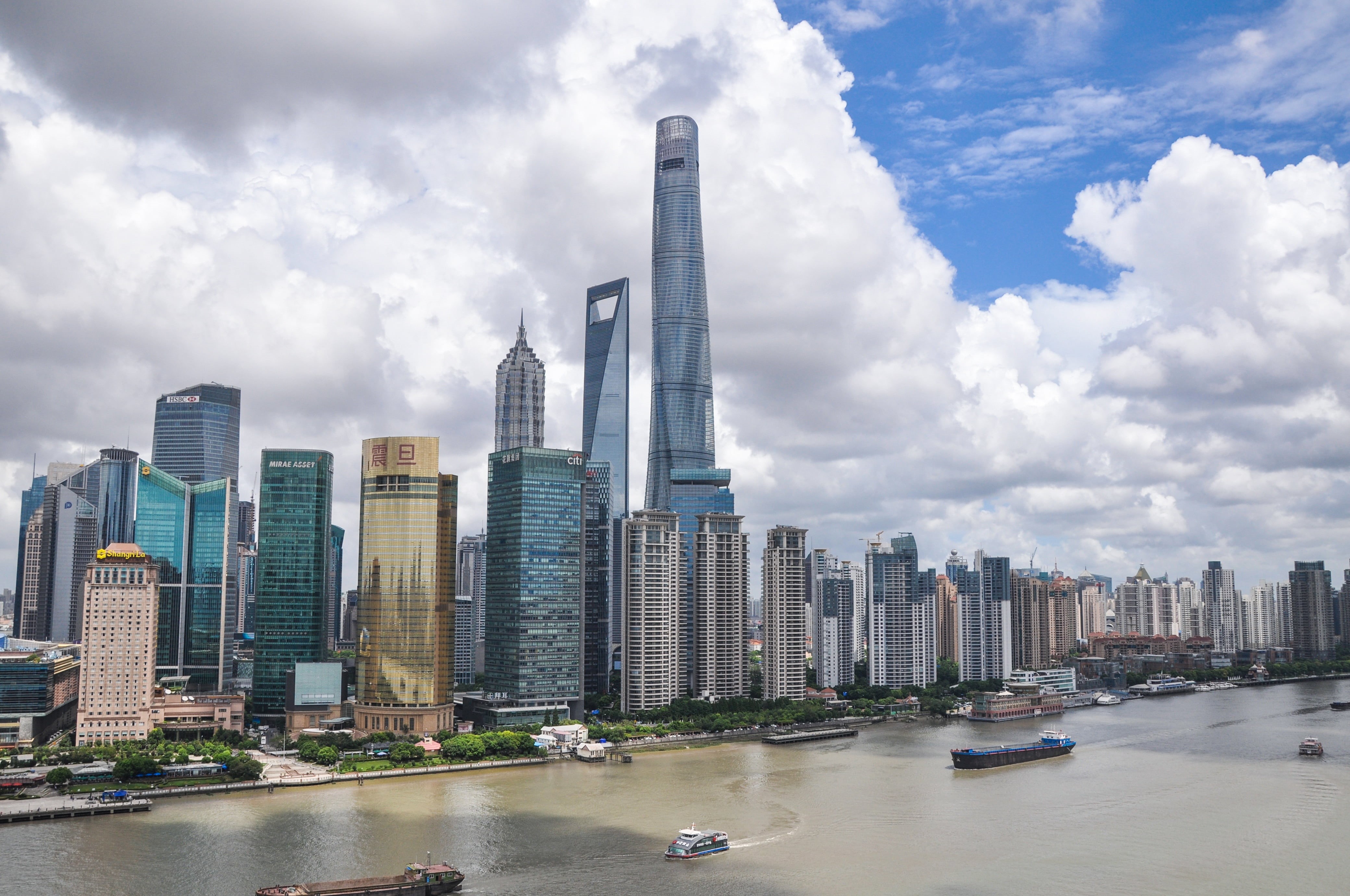 urban Scene, one, tall buildings, huangpu river, development, the scenery, no people, building Exterior, sky, cloud - sky, architecture, water, tower, trade, HD Wallpaper