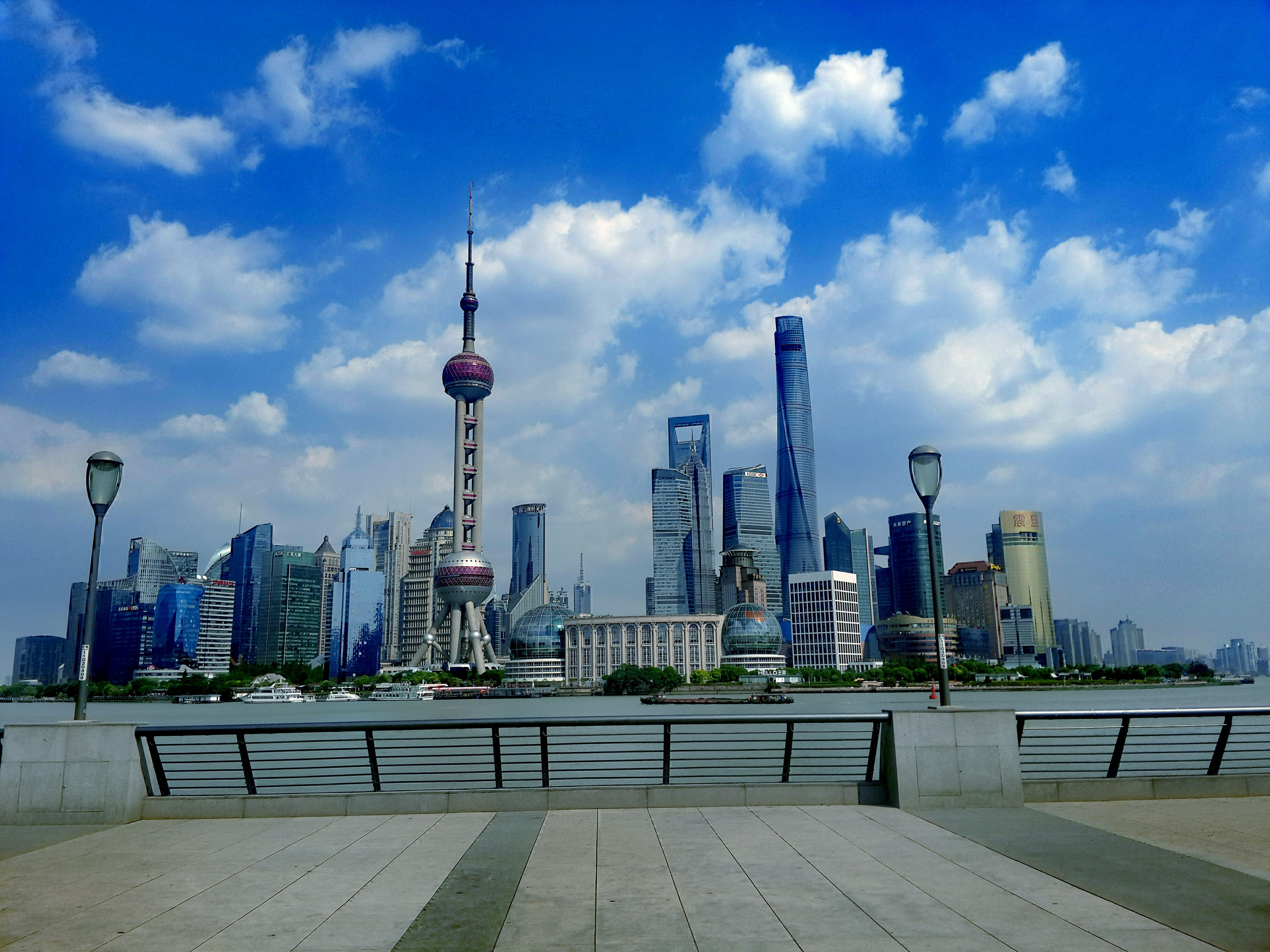 Shanghai, 5K, no people, huangpu river, urban skyline, blue sky, building, nature, white cloud, summer, modern, outdoors, landscape, travel destinations, HD Wallpaper