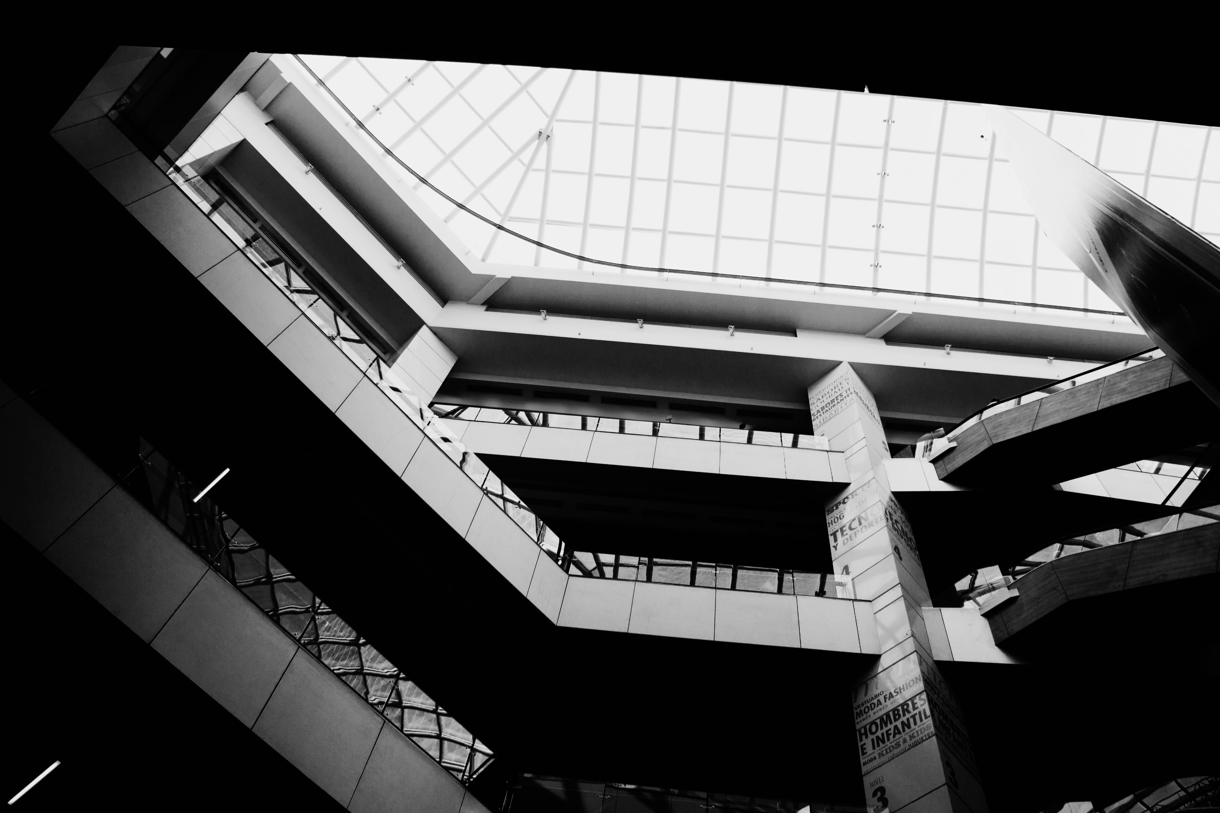 costanera, sky, building exterior, glass - material, built structure, window, black and white, up, ceiling, railing, clear sky, black, white, office building exterior, HD Wallpaper