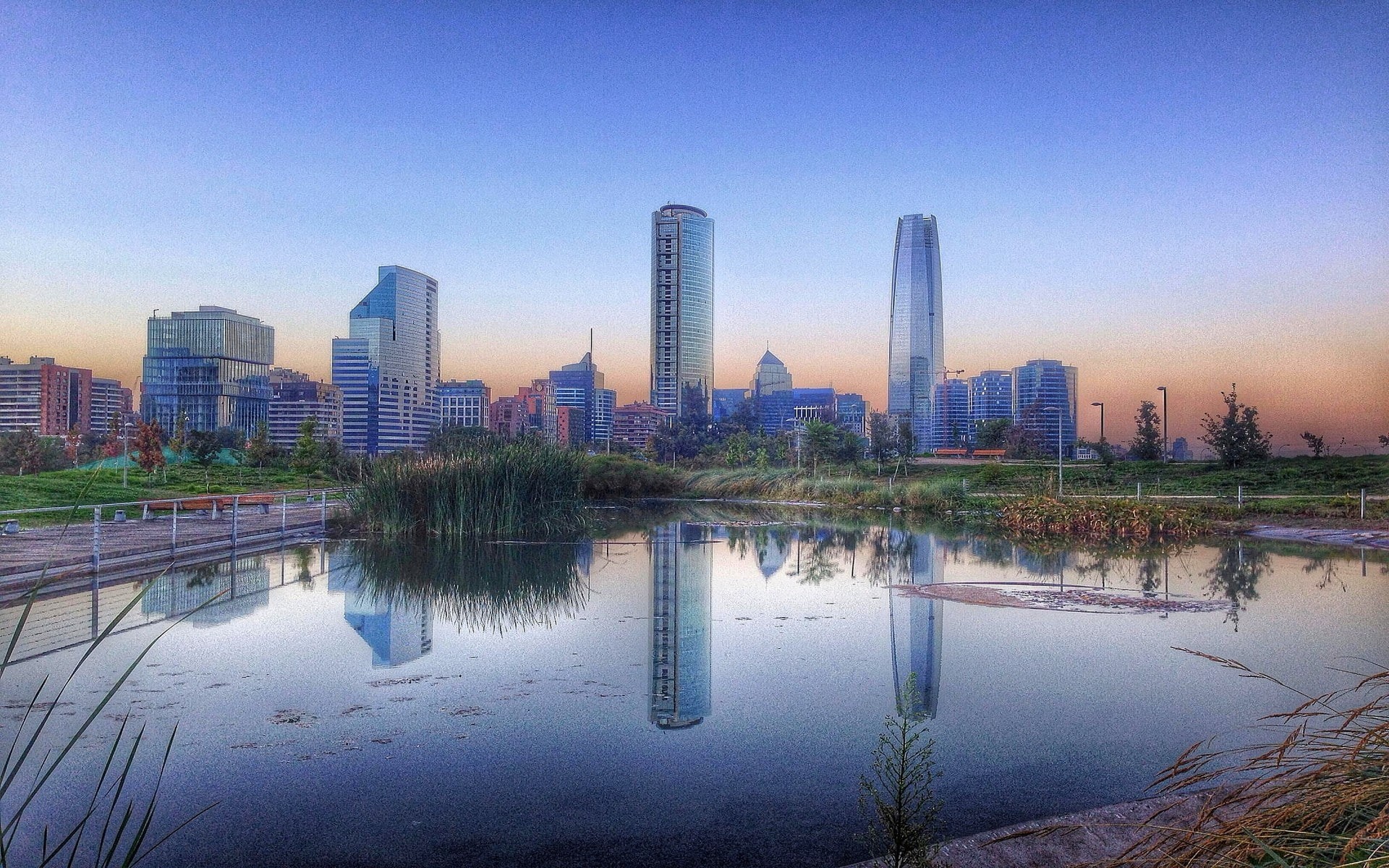 architecture, clear sky, built structure, building exterior, Santiago de Chile, tower, urban skyline, modern, city, no people, park, financial district, HD Wallpaper