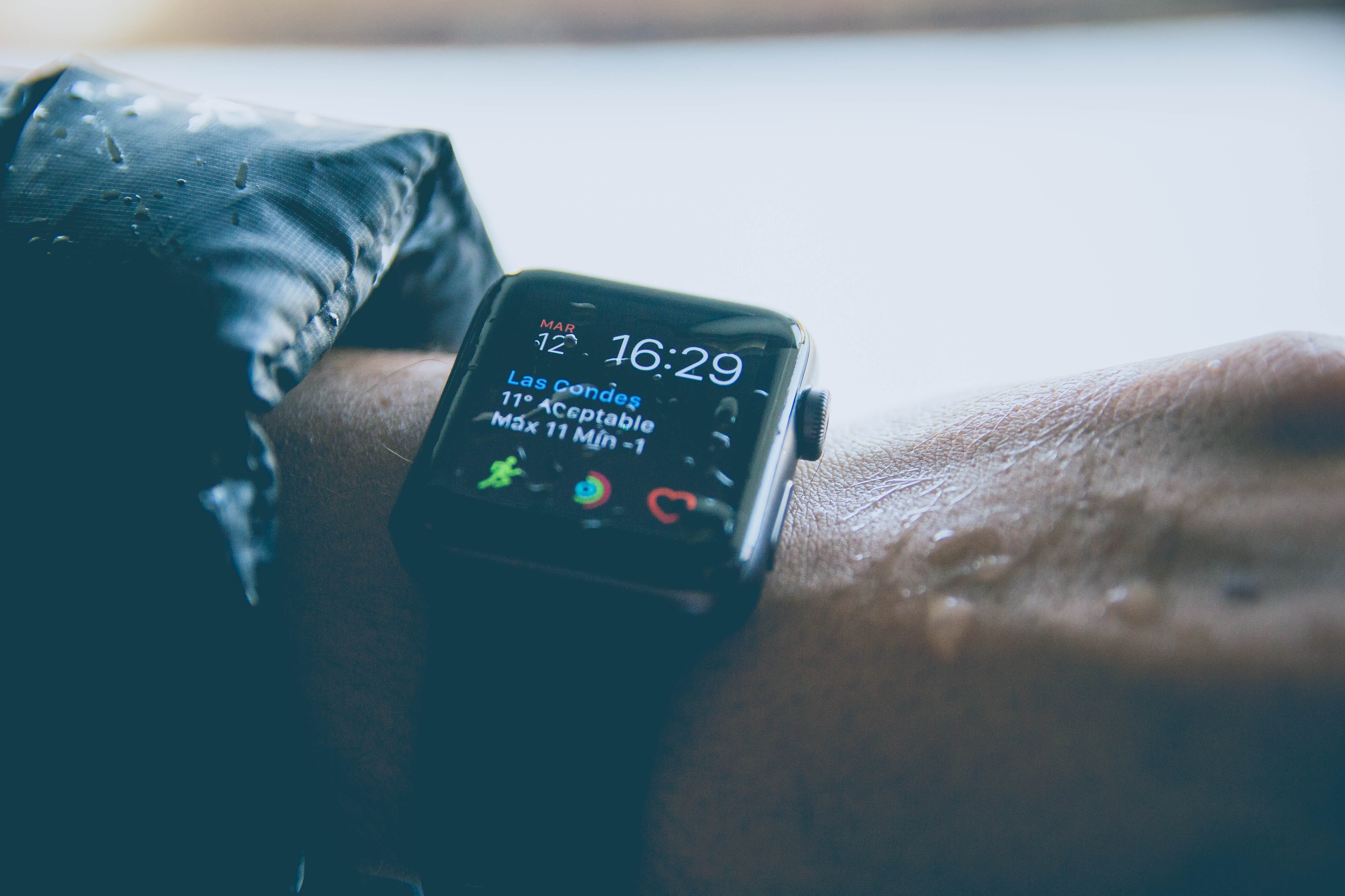 clock, technology, portable information device, time, 5K, human body part, wet, smartwatch, wearable computer, applewatch, indoors, person, black, connection, HD Wallpaper