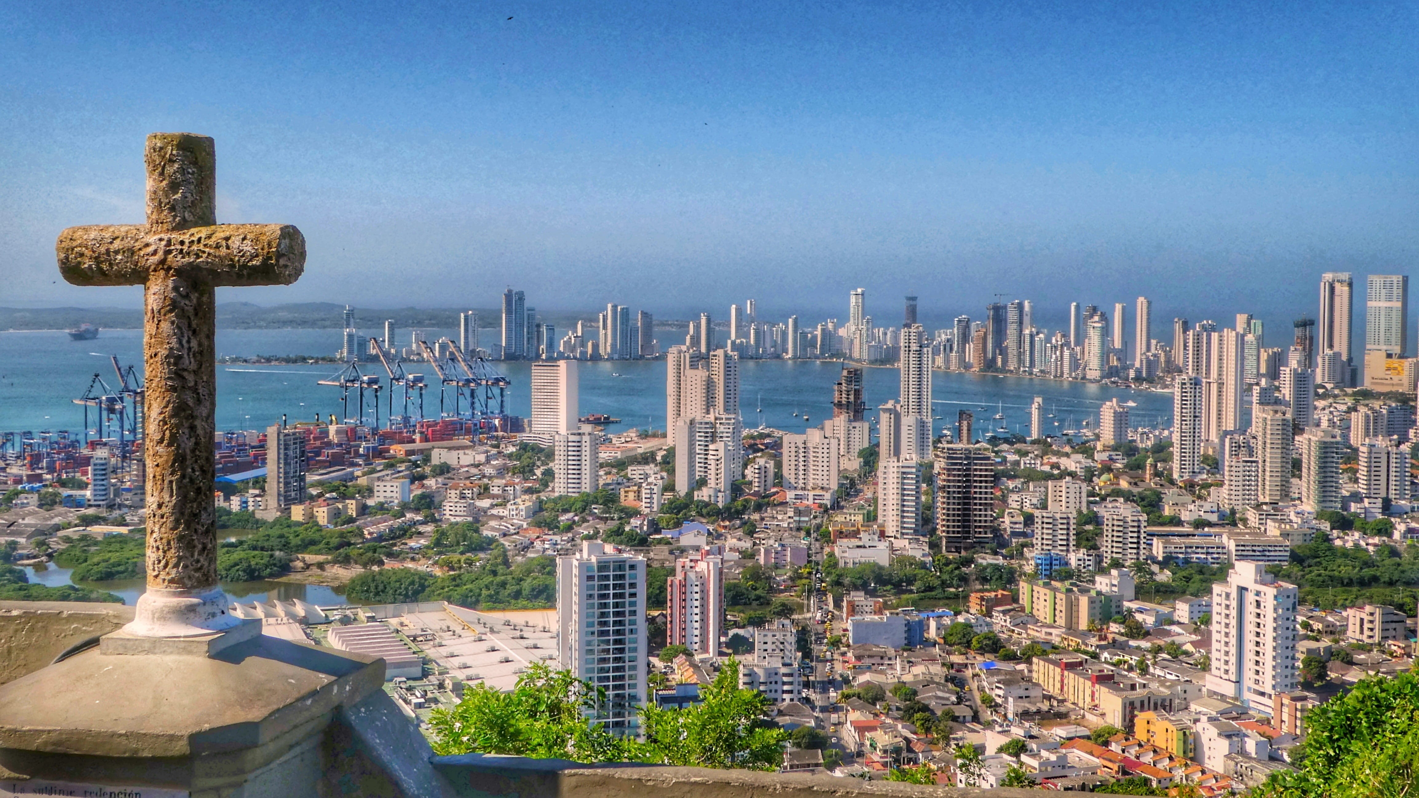 high angle view, cartagena, city, crowd, architecture, cross, world heritage site, outdoors, cityscape, clear sky, convento de la popa, travel destinations, HD Wallpaper