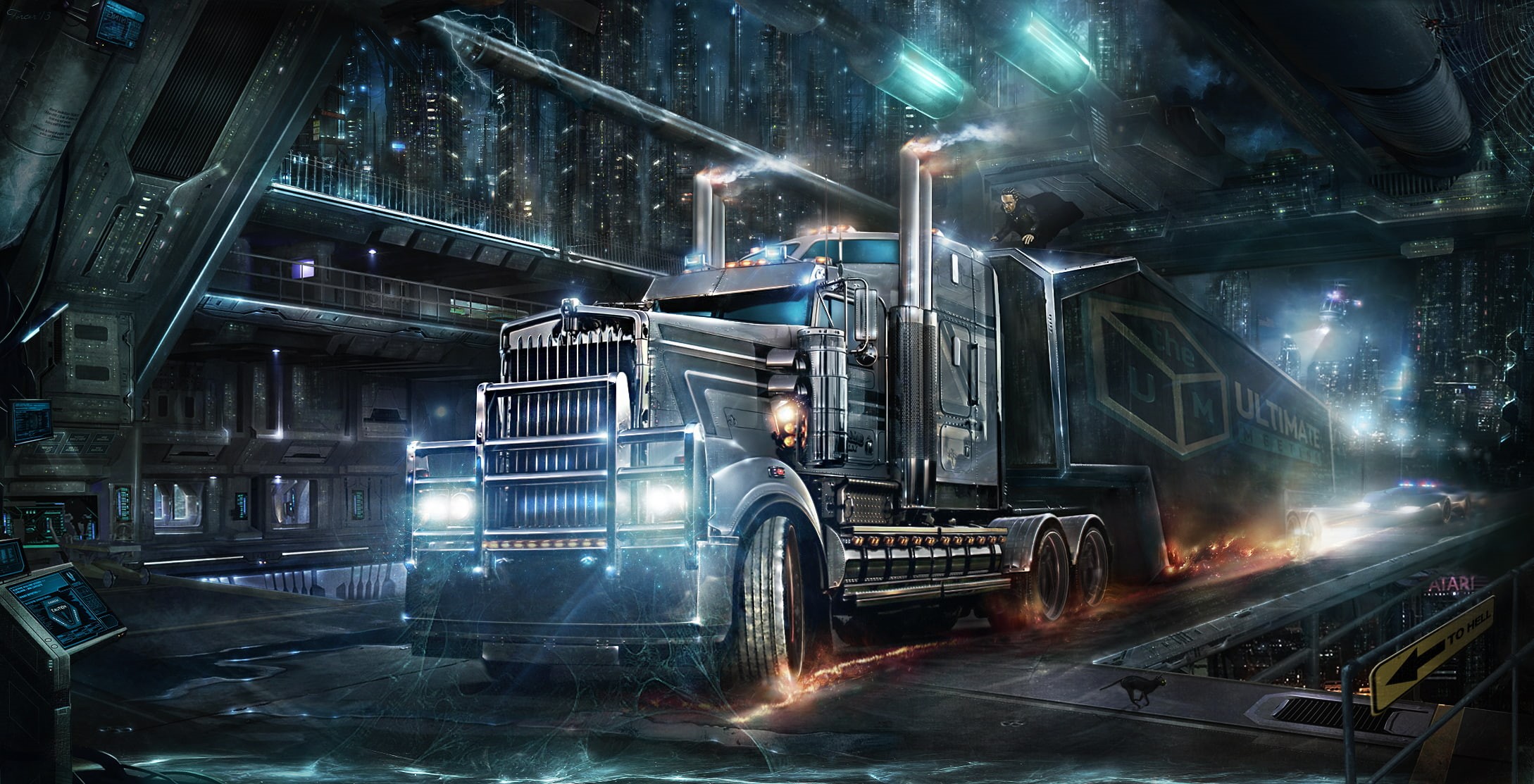 science fiction, futuristic city, trucks, vehicle, artwork, futuristic, Kenworth, 1080P, cyberpunk, HD Wallpaper