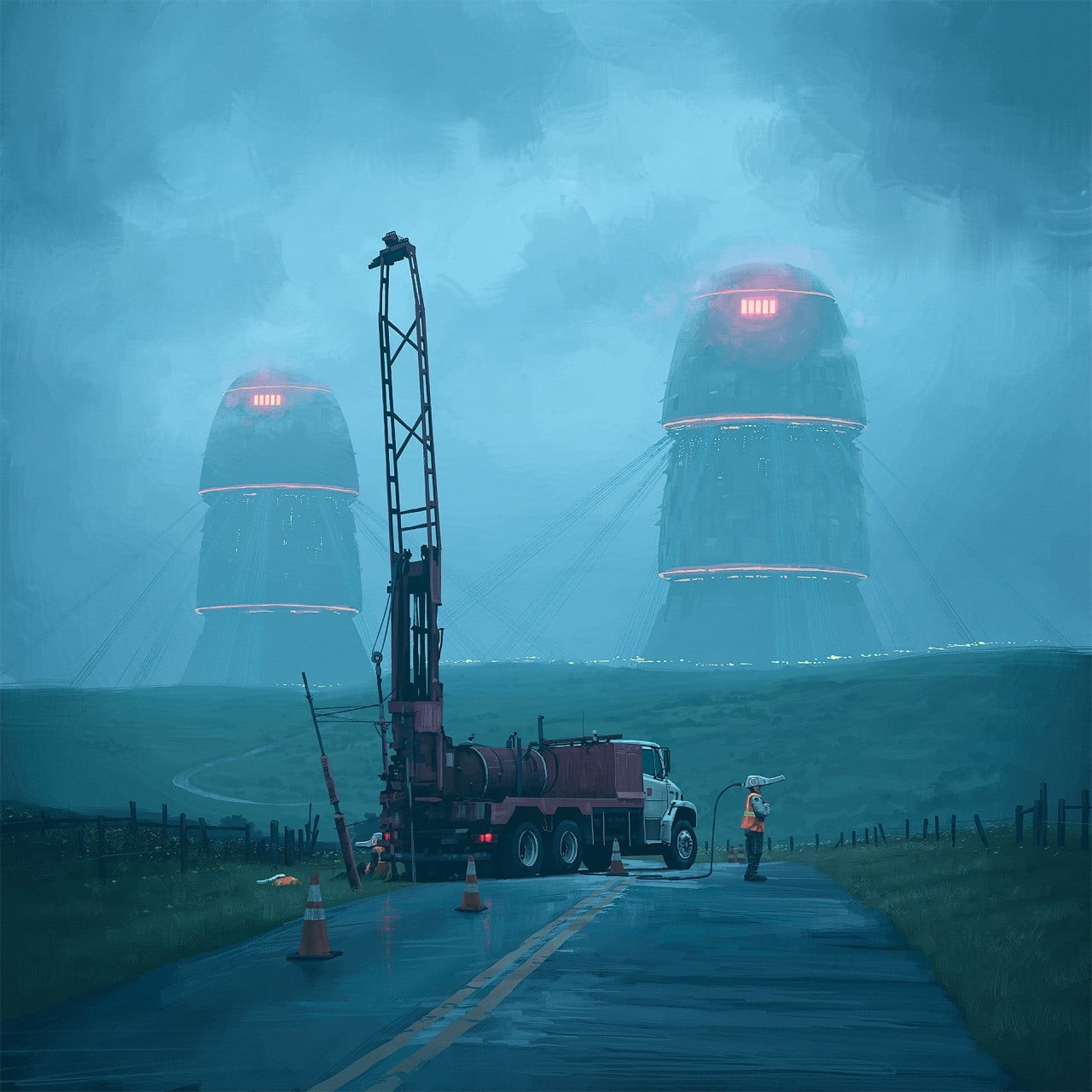 science fiction, nature, truck, sea, mode of transportation, city, building exterior, incidental people, transportation, sky, pollution, road, red, storm, Phone HD Wallpaper