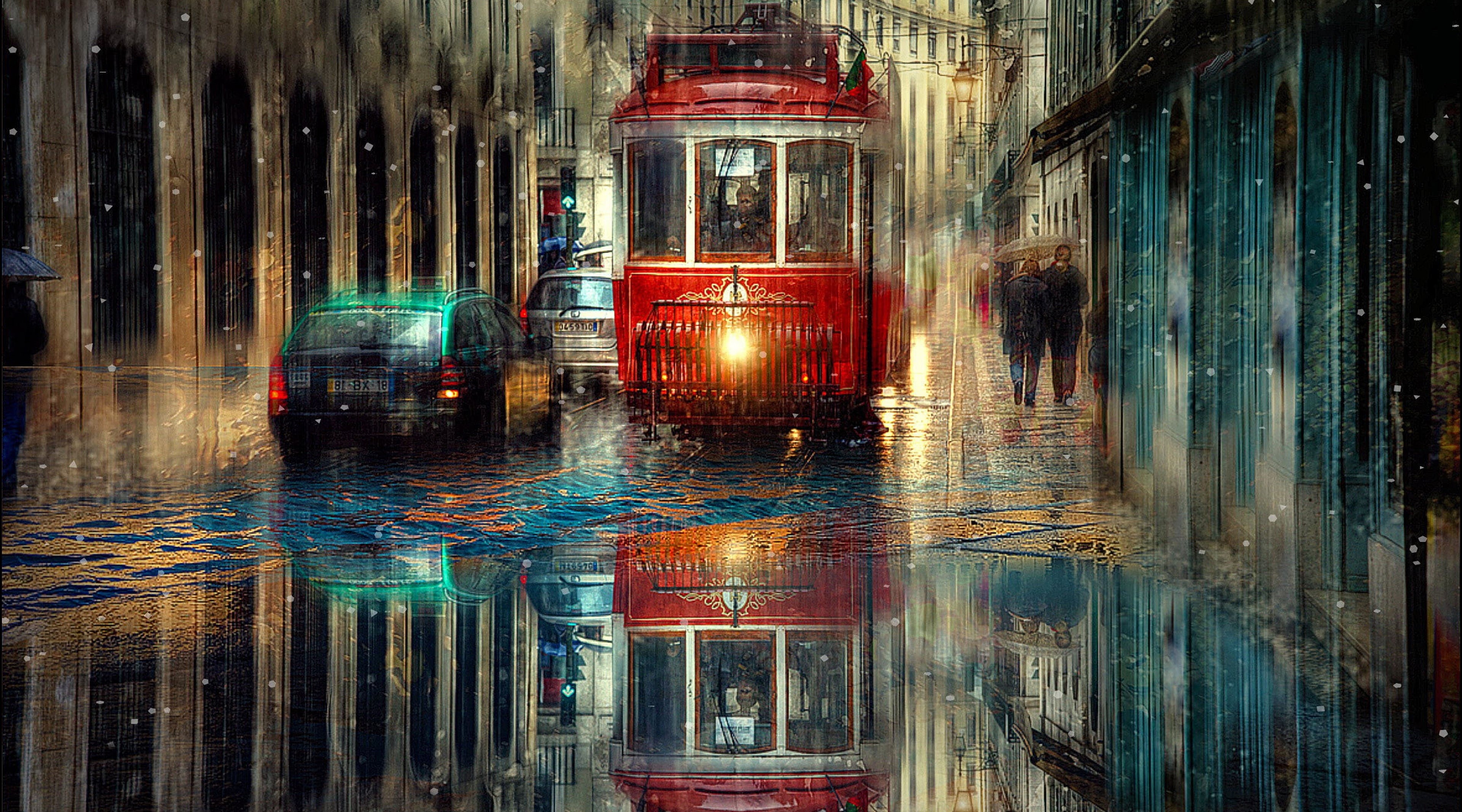 4K, rainy season, headlight, season, reflection, pram, outdoors, transportation, illuminated, architecture, night, rain, white, Artistic, rainy, Tram, HD Wallpaper