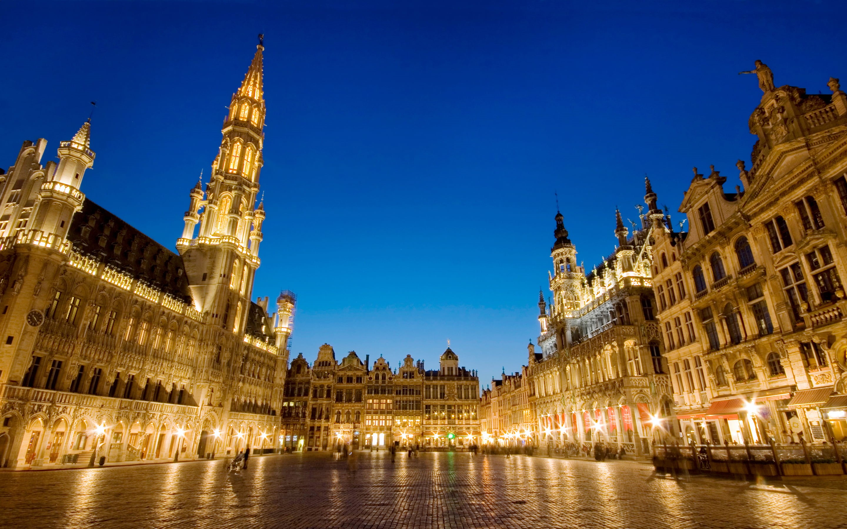 water, travel, clear sky, tourism, government, illuminated, the past, building, spire, outdoors, no people, travel destinations, brussels, hotel, blue, HD Wallpaper