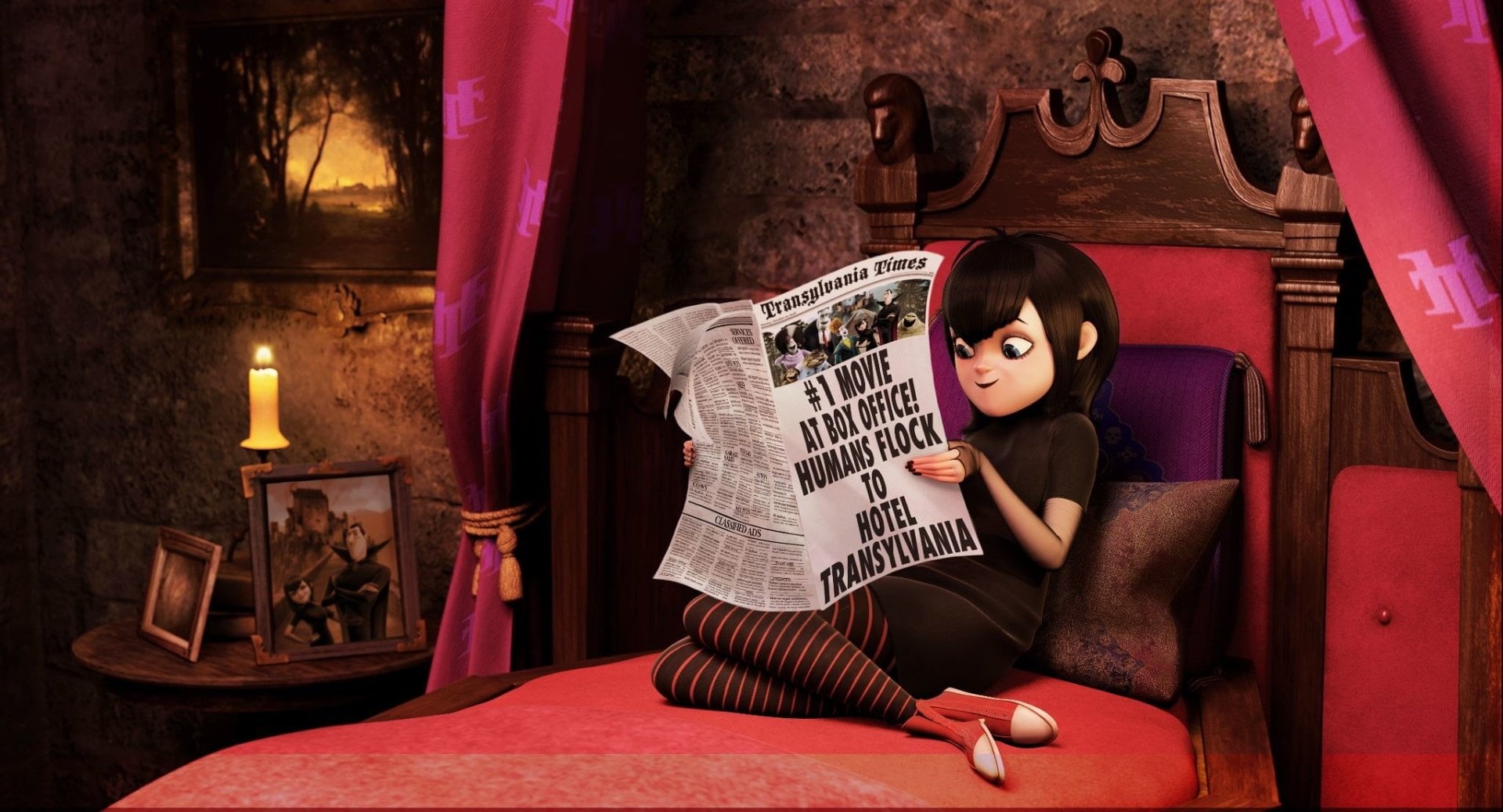 reading, book, Movie, women, electric lamp, bed, 1080P, candle, one person, domestic room, casual clothing, Hotel Transylvania, publication, real people, HD Wallpaper