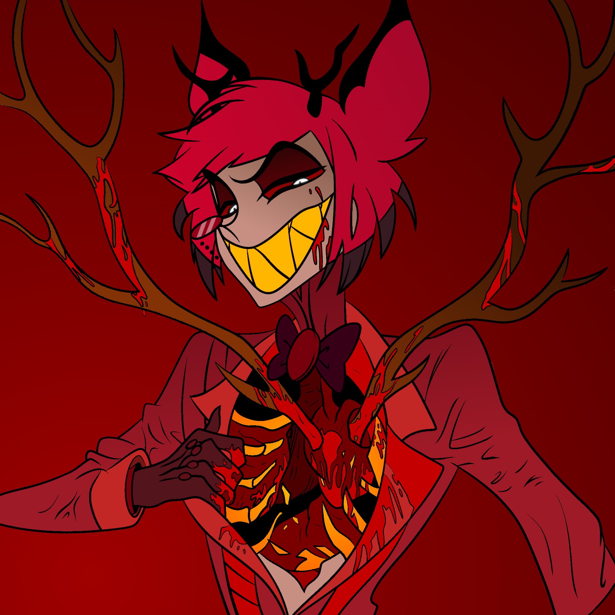 red, drawing, 1080P, anime, Alastor (Hazbin Hotel), demon, series, blood, Hazbin Hotel, Phone HD Wallpaper