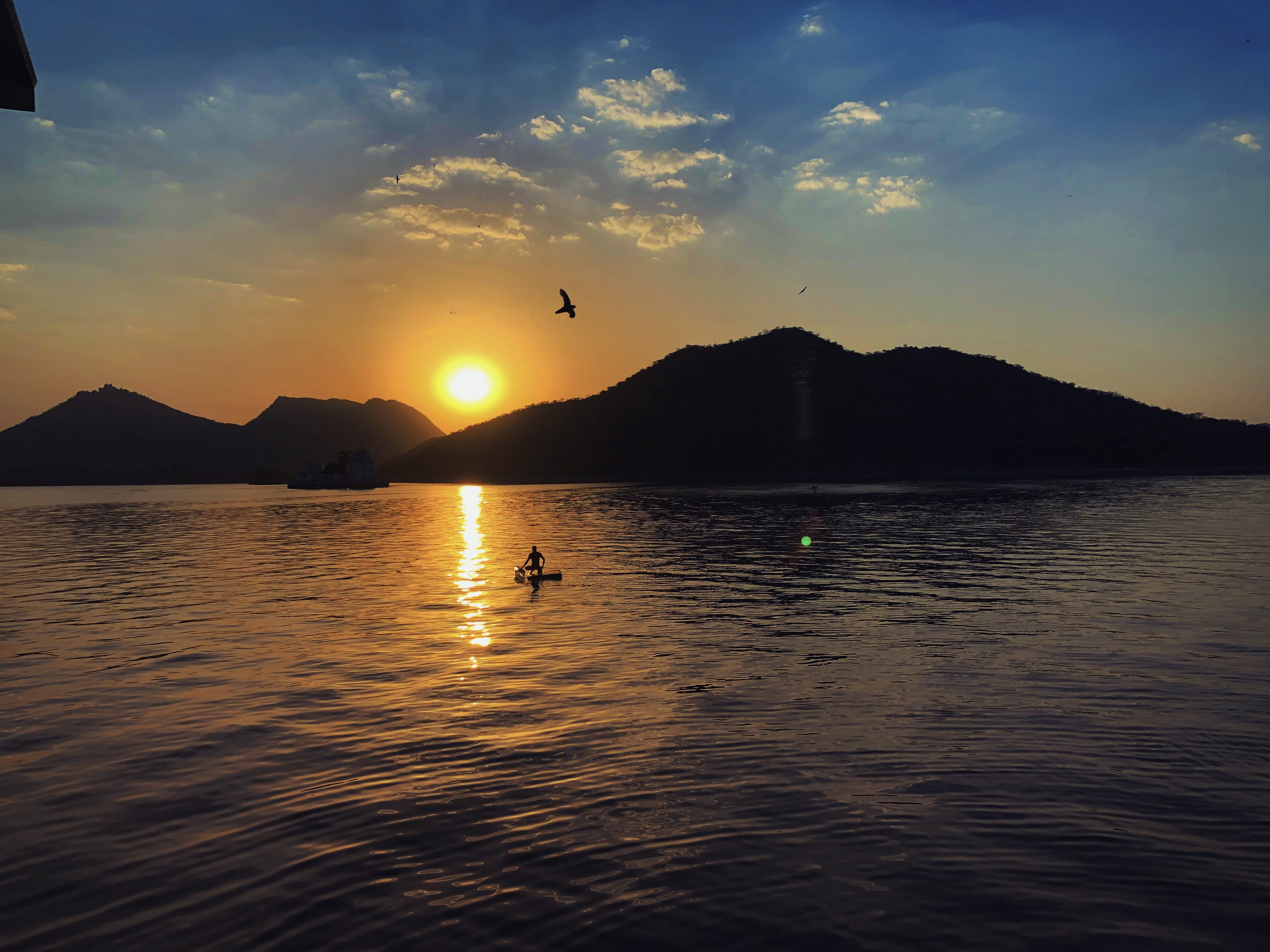 lake fatehsagar, reflection, nature, city of lakes, 4K, india, lake, no people, tranquil scene, fatehsagar, vertebrate, beauty in nature, silhouette, sky, HD Wallpaper