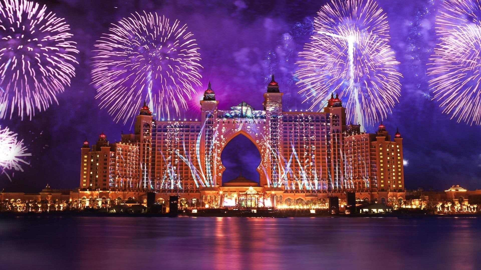 nature and landscapes, atlantis, hotel, dubai, palm, lights, fireworks, 1080P, HD Wallpaper