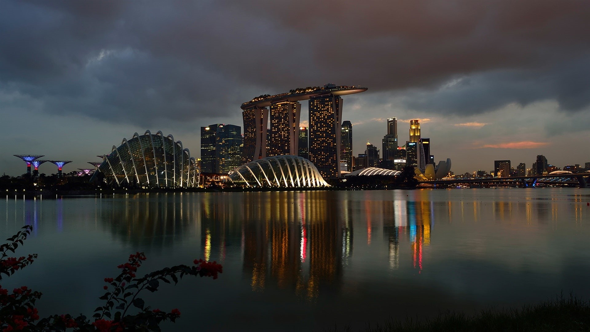 Buildings, Bay, Marina, Sands, Night, Lights, 1080P, Casino, Singapore, HD Wallpaper