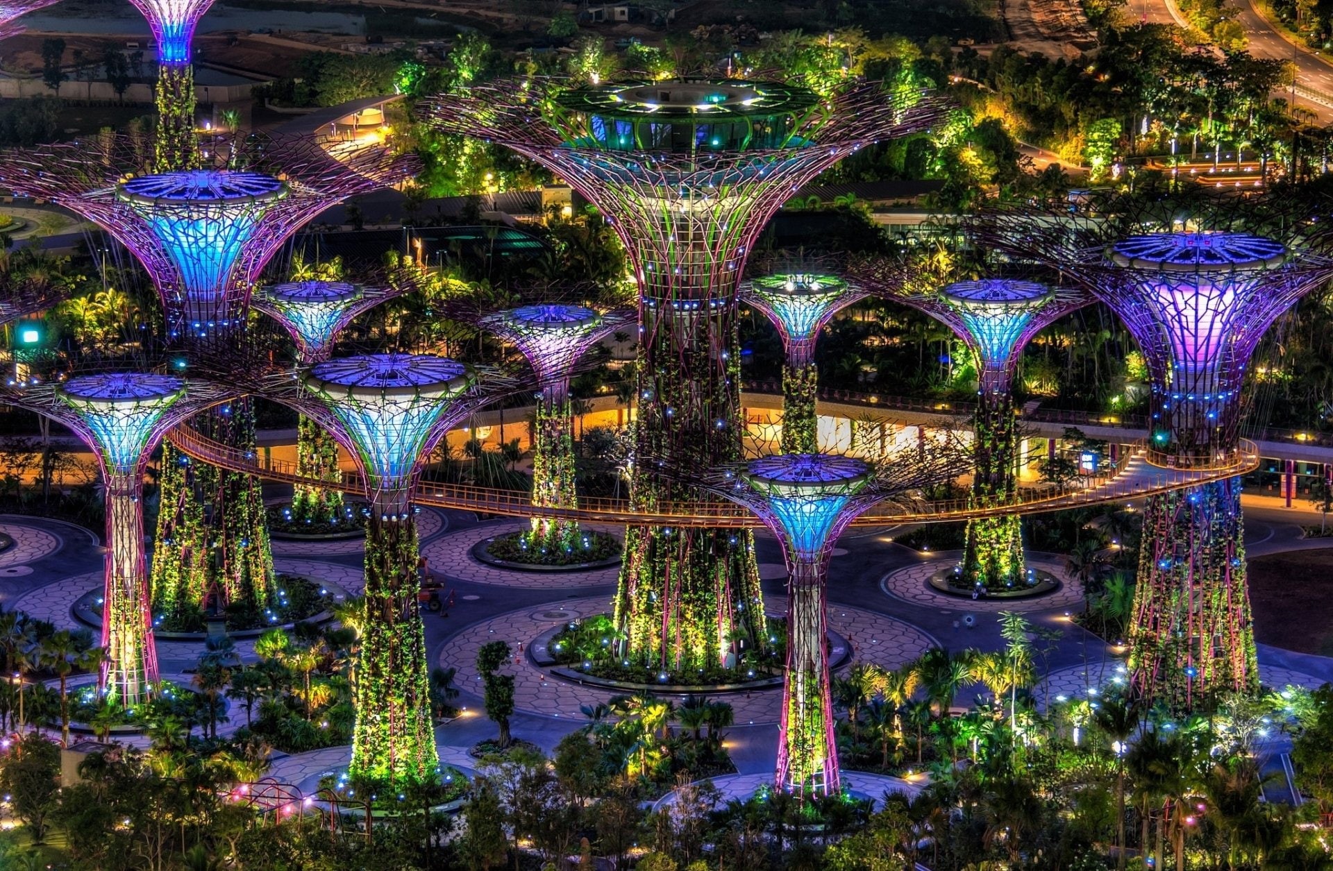 outdoors, built structure, architecture, multi colored, tree, light, city, decoration, 1080P, plant, lighting equipment, hanging, Cities, glowing, ornate, HD Wallpaper