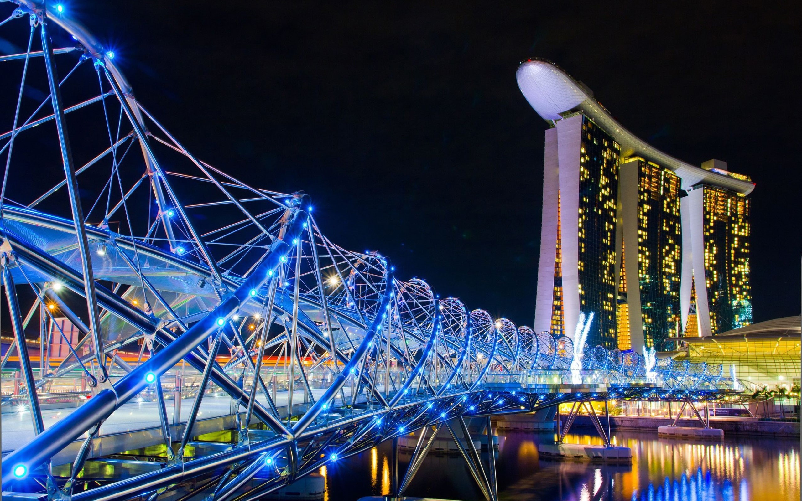 Hotel, City, 2K, Blue, Bridge, Singapore, Lights, Night, HD Wallpaper