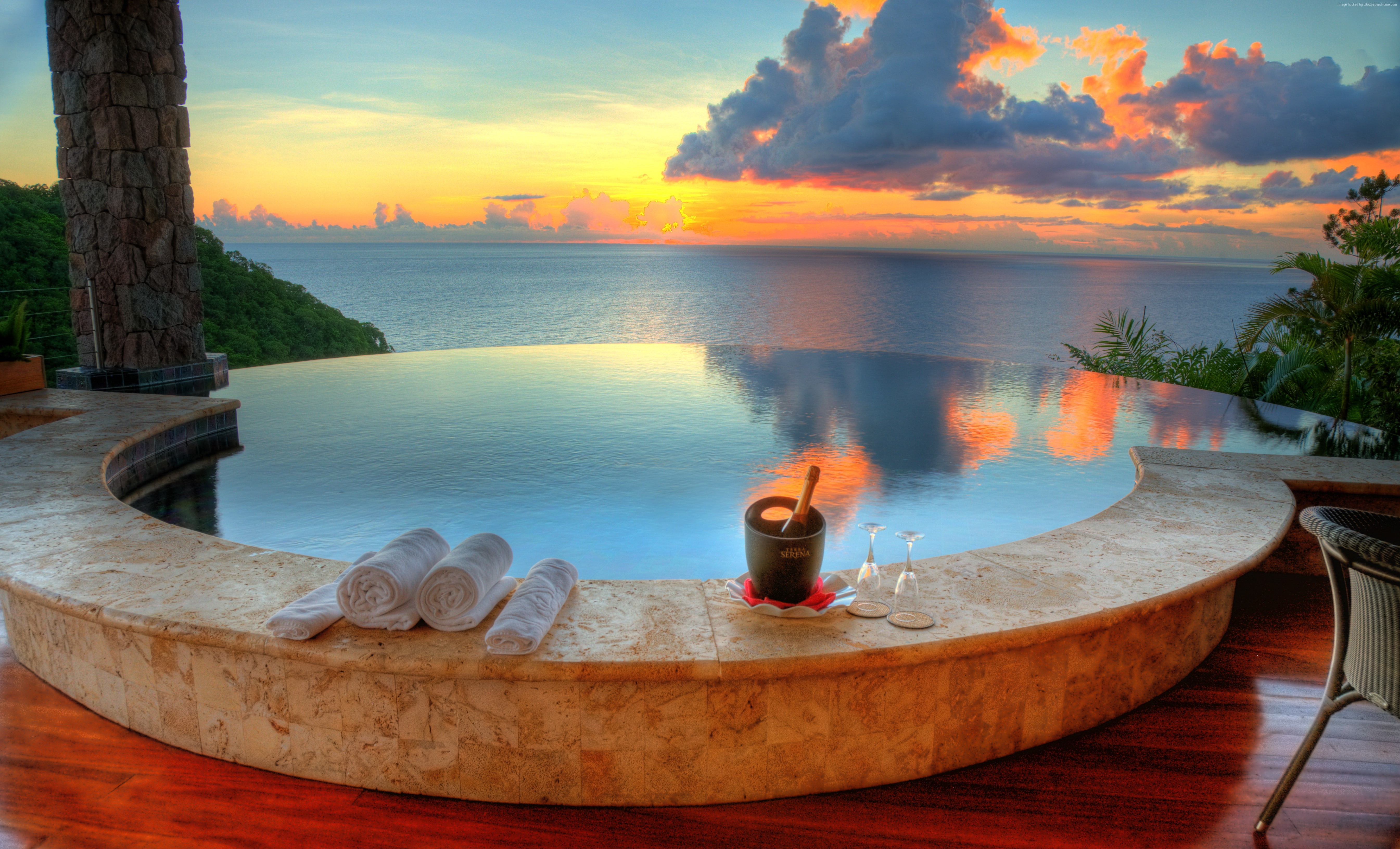 resort, ocean, sky, The best hotel pools 2017, Saint Lucia, Jade Mountain Resort, clouds, sunset, pool, sunrise, 5K, travel, vacation, tourism, HD Wallpaper