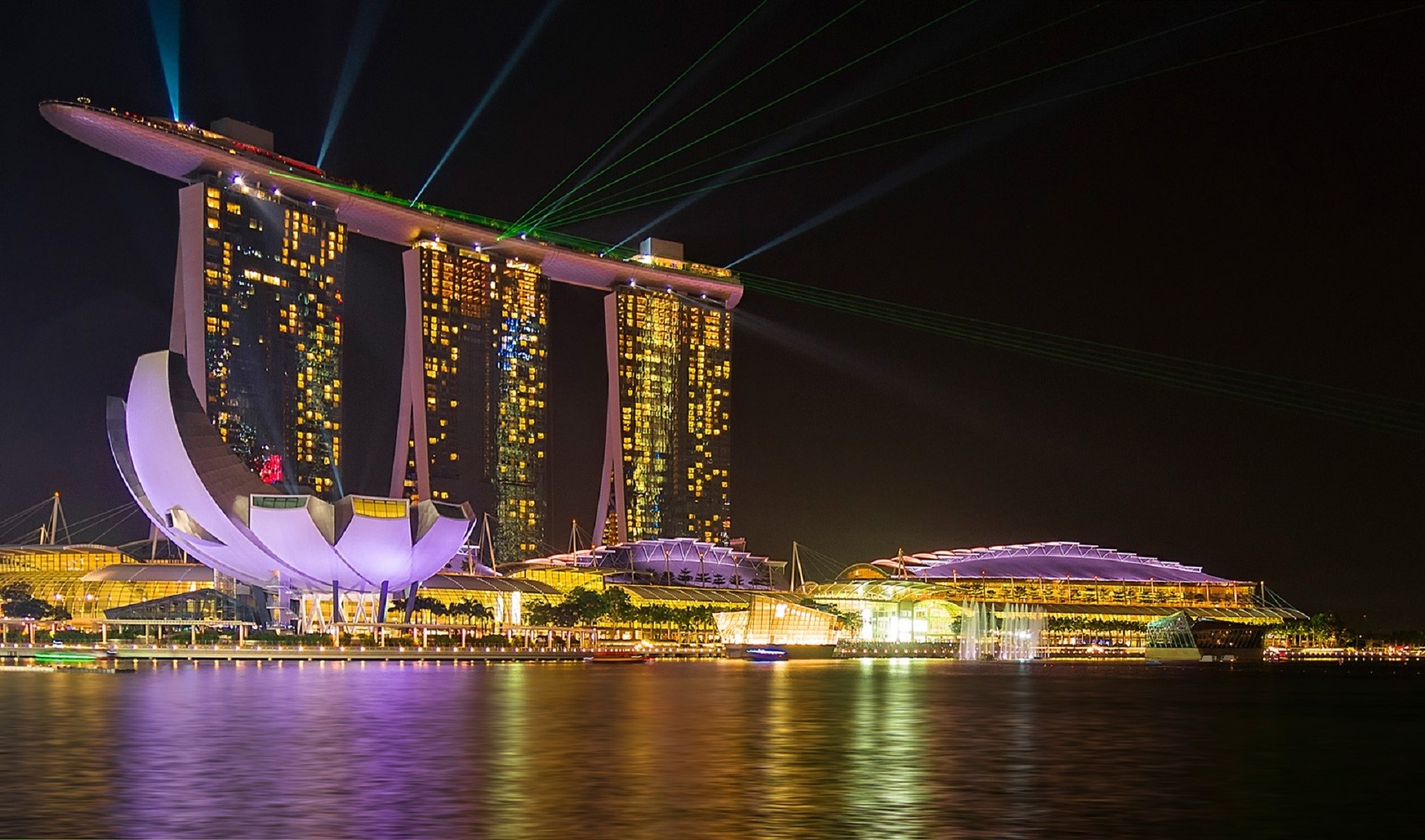 modern, building, tower, built structure, sky, skyscraper, night, view, arts culture and entertainment, luxury, marina bay sands hotel, reflection, skyline, HD Wallpaper