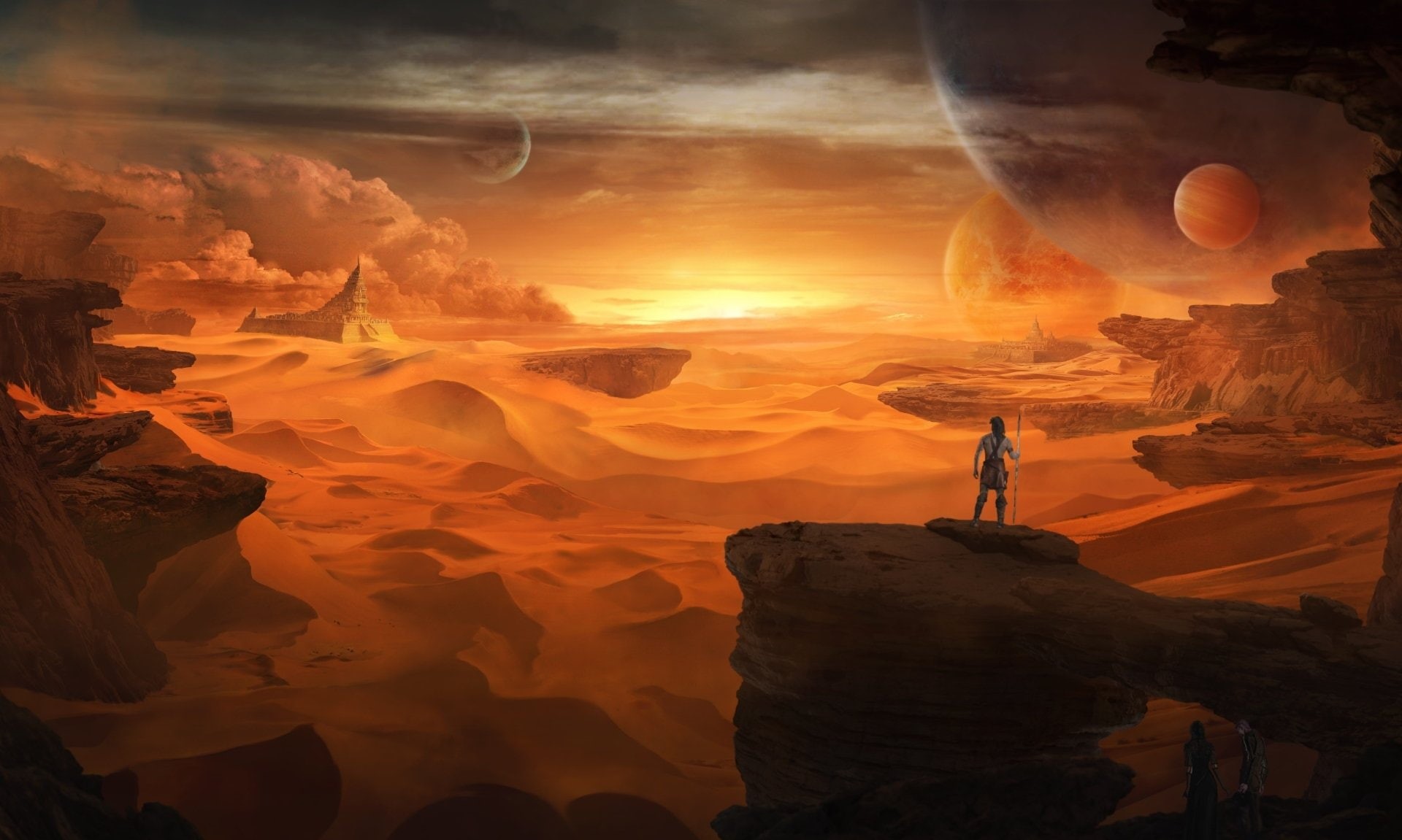 one person, Landscape, standing, cloud - sky, orange color, adult, rock, silhouette, nature, non-urban scene, 1080P, Sci Fi, men, Dune, rock - object, HD Wallpaper