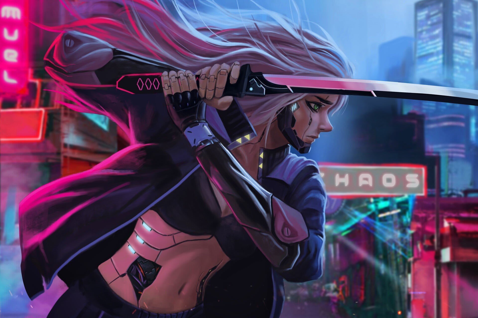 White Hair, Woman, 1080P, Sci Fi, Sword, Green Eyes, Katana, Cyberpunk, HD Wallpaper