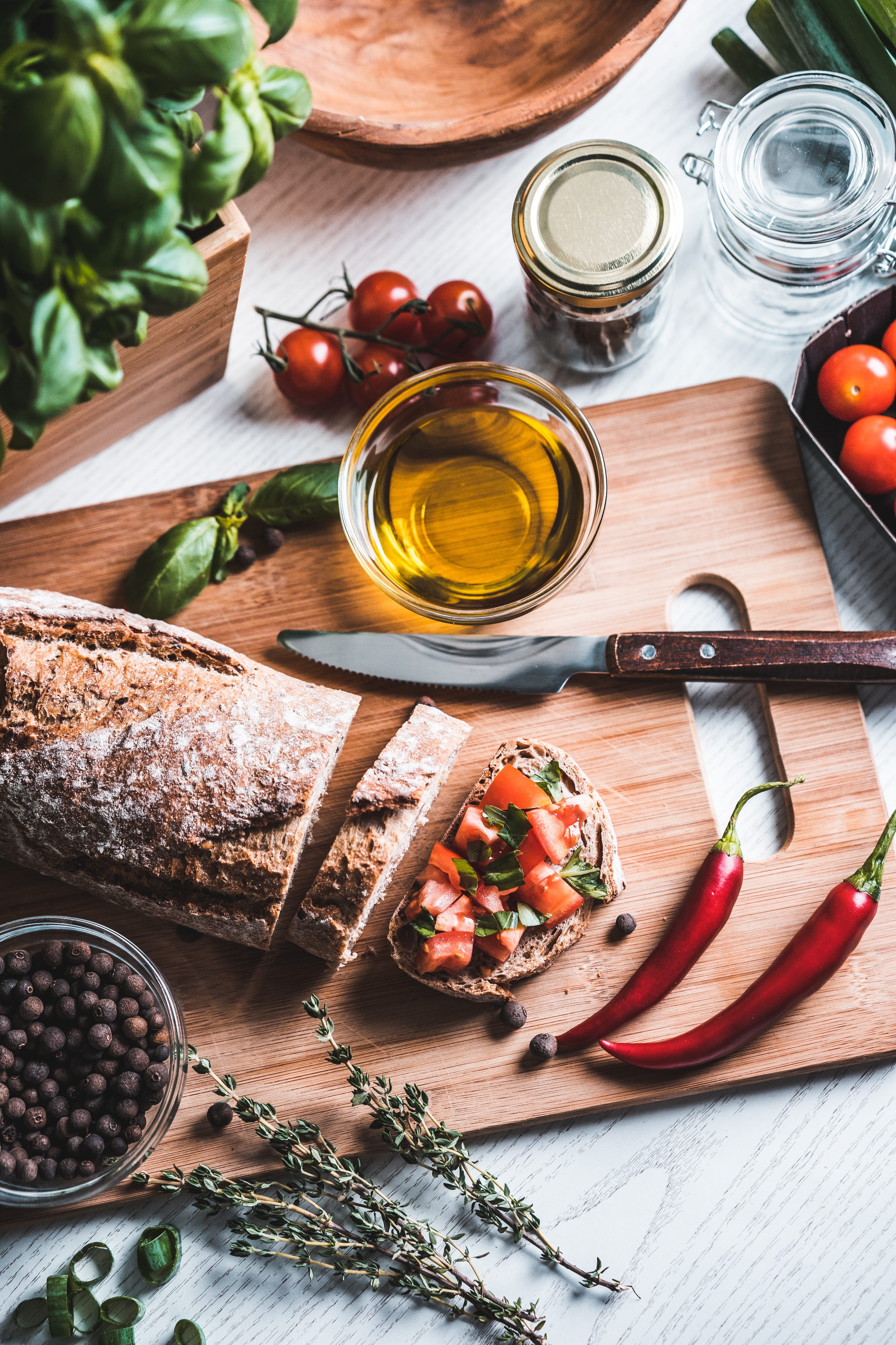 hungry, food, food and drink, country bread, freshness, 4K, vegetable, table, spice, top, chilli peppers, ingredient, glass, healthy eating, fruit, foodie, Phone HD Wallpaper