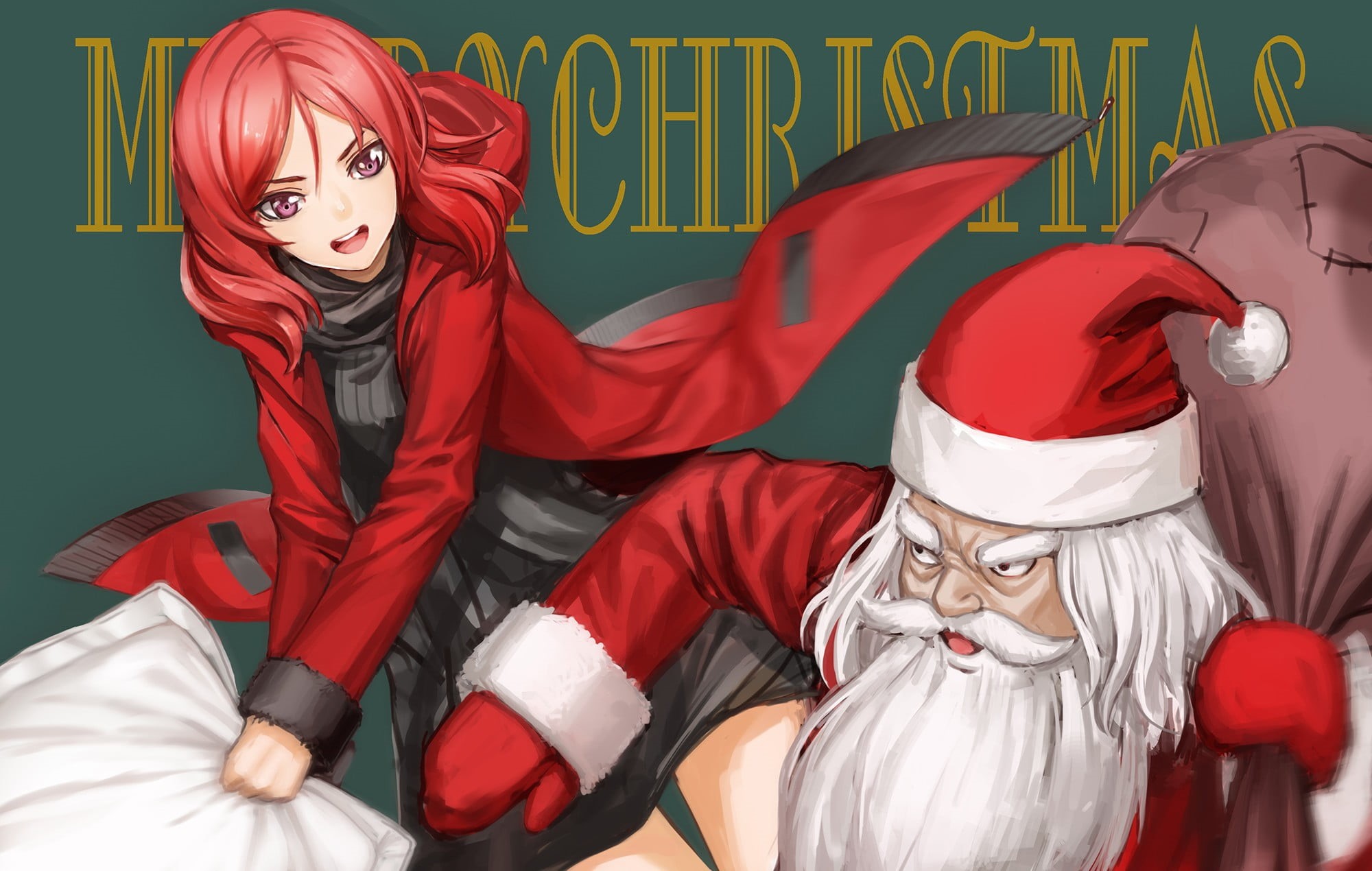 wearing, real people, Nishikino Maki, anime girls, human representation, clothing, portrait, lifestyles, character, woman, mask, Christmas, dress, two people, HD Wallpaper