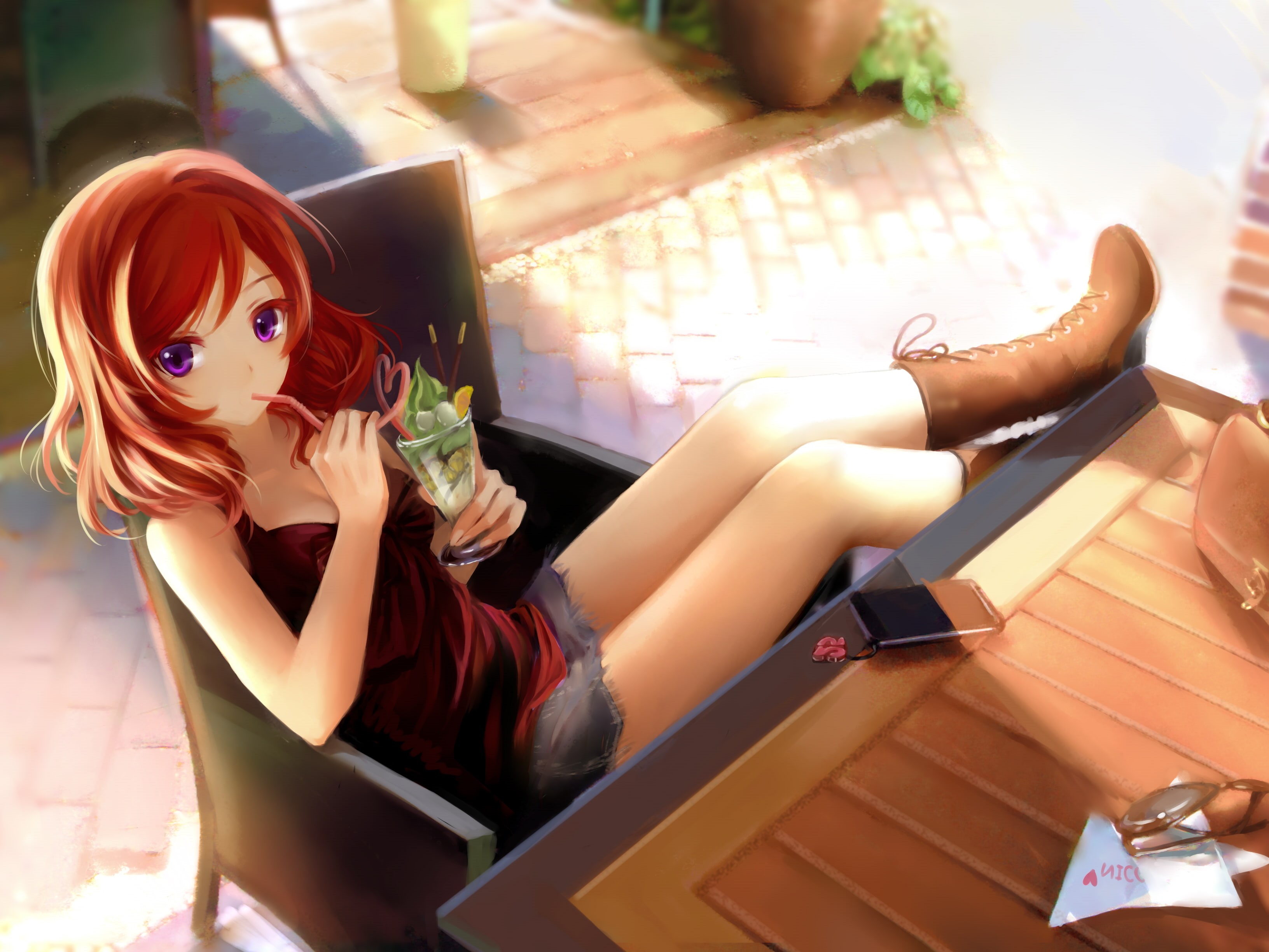 love live, drink, nishikino maki, summer, soft, girls, sunshine, anime girls, live, 2K, love, maki, shading, soft shading, anime, nishikino, HD Wallpaper