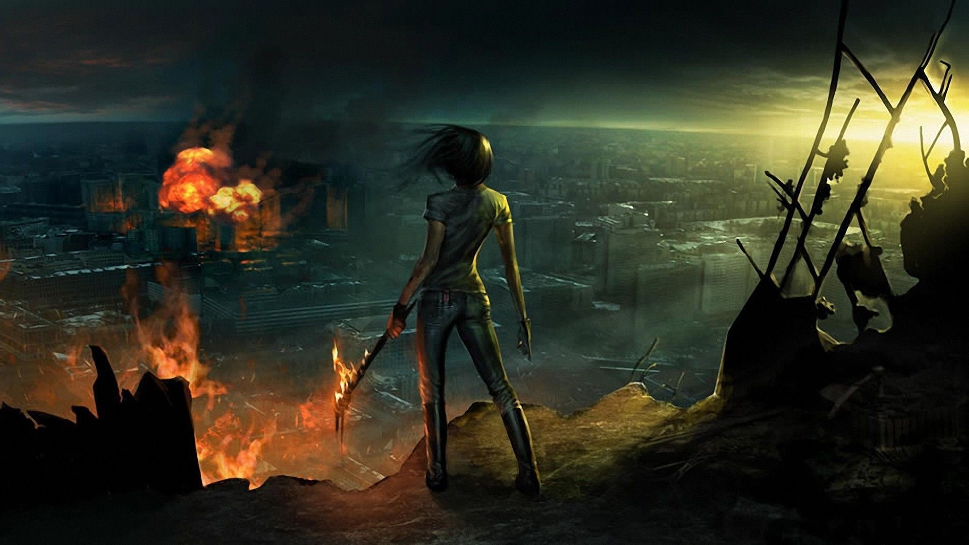 1080P, young adult, concept art, digital, warrior, burning, fire, fantasy art, night, smoke - physical structure, women, torch, digital composite, HD Wallpaper