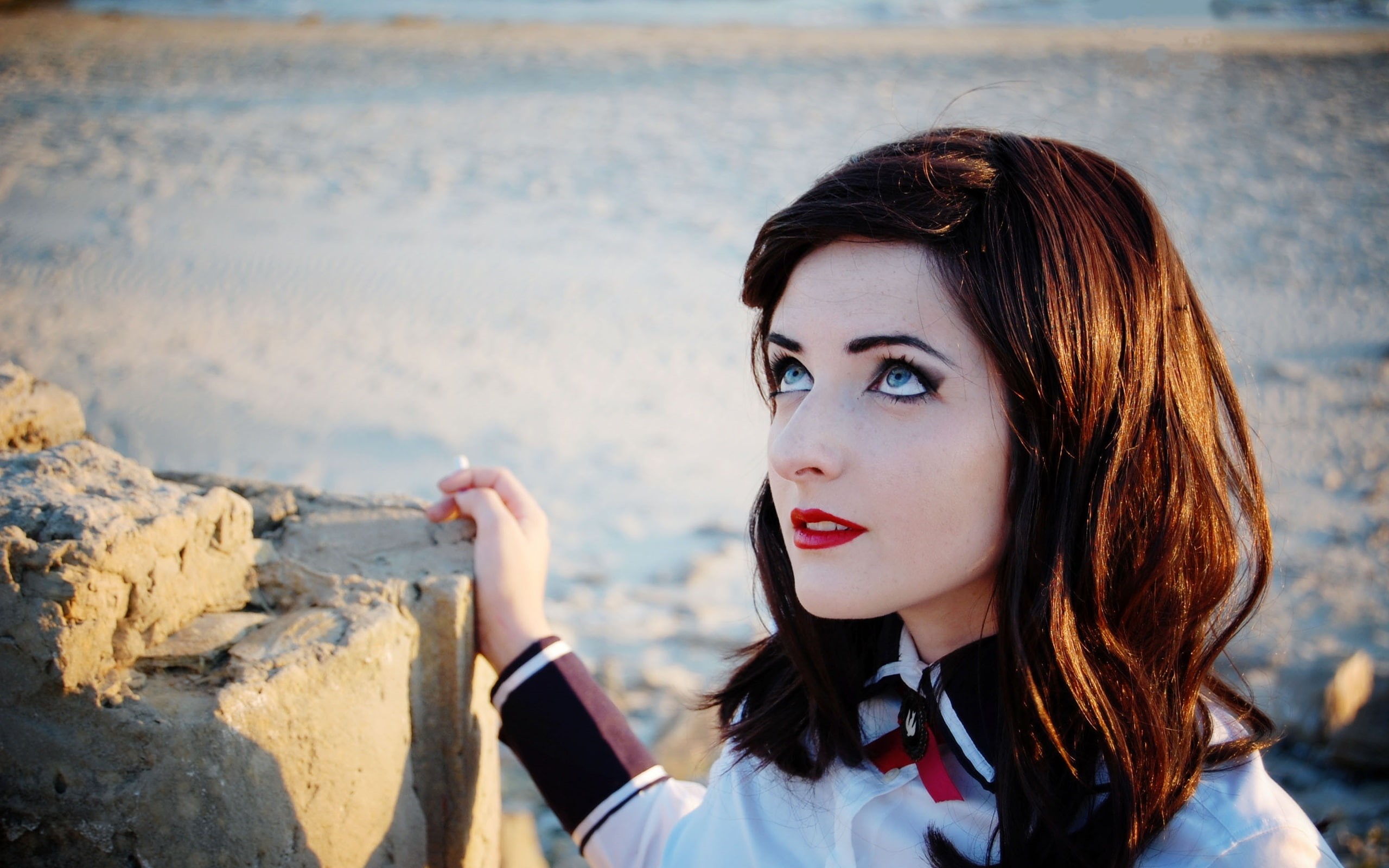 Hair, sleeve, women, top, white, s, Black, Seaside, collared, 2K, long, Girl, HD Wallpaper