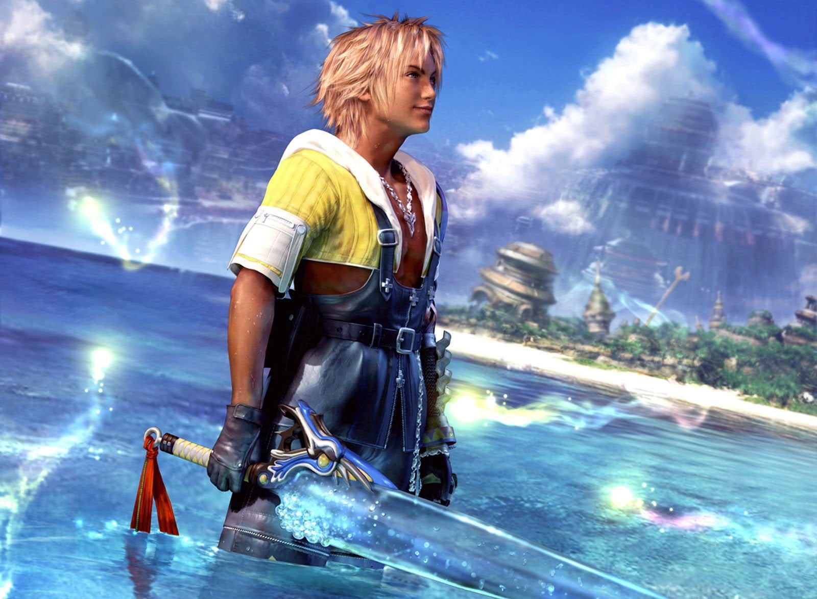 one person, Final Fantasy X, speed, Tidus, females, haired, effort, cloud - sky, character, outdoors, Final Fantasy, strength, clothing, sword, Ff10, adult, HD Wallpaper