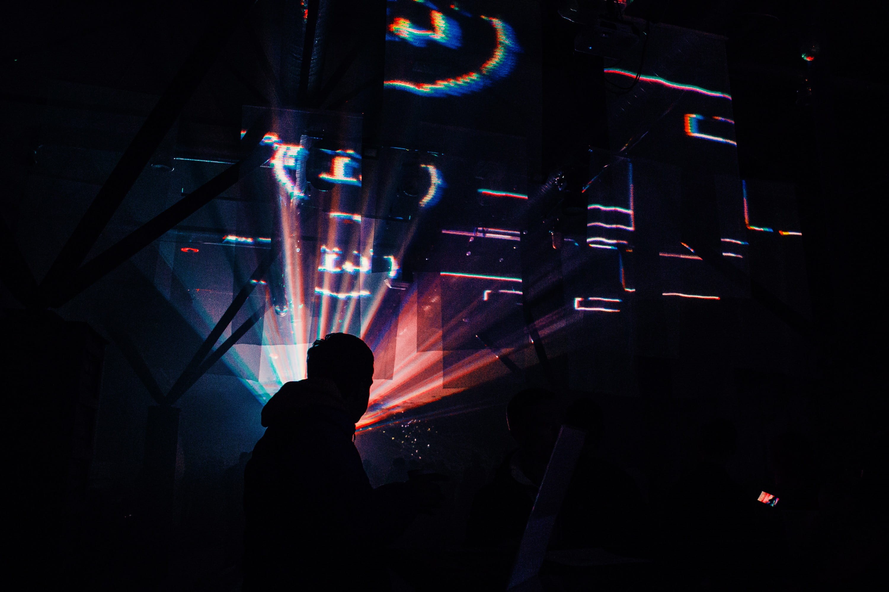 laser, lights, light, illuminated, rear view, inside, city, music, dark, person, people, 2K, enjoyment, nightlife, technology, bar, silhouette, adult, HD Wallpaper