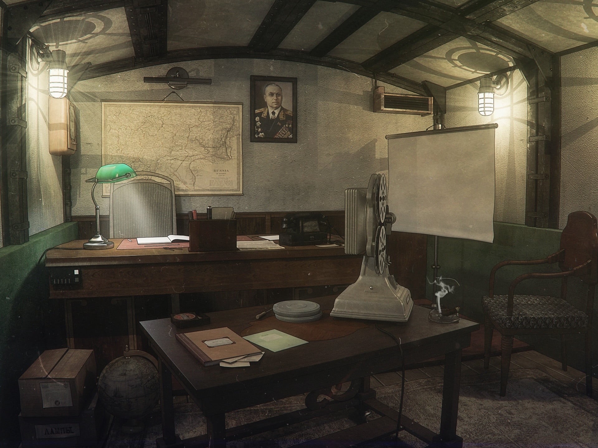 table, map, lamp, portrait, cabinet in bunker, Underground cabinet, 1080P, HD Wallpaper