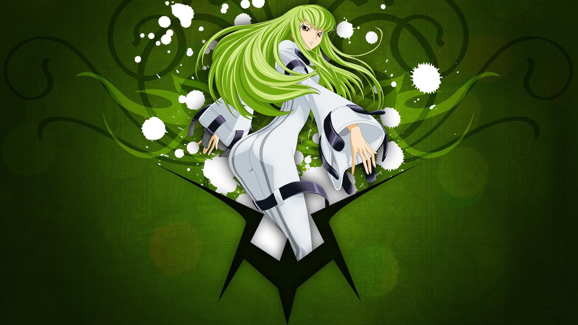 C.C., directly above, white color, 1080P, pattern, studio shot, representation, nature, close-up, indoors, green color, paper, Code Geass, no people, still life, HD Wallpaper