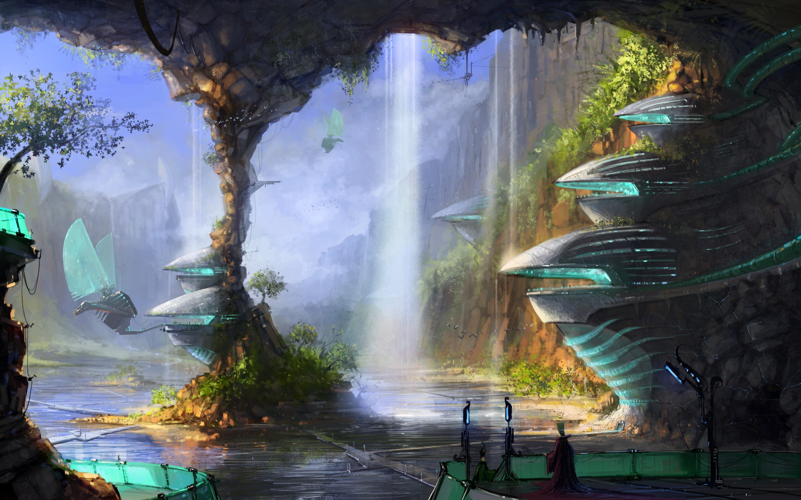 art, buildings, fi, fly, cities, fiction, artistic, Natur, CG, paintings, vehicles, digital, Surreal, lakes, 2K, rivers, sci, mech, science, Futuristic, HD Wallpaper