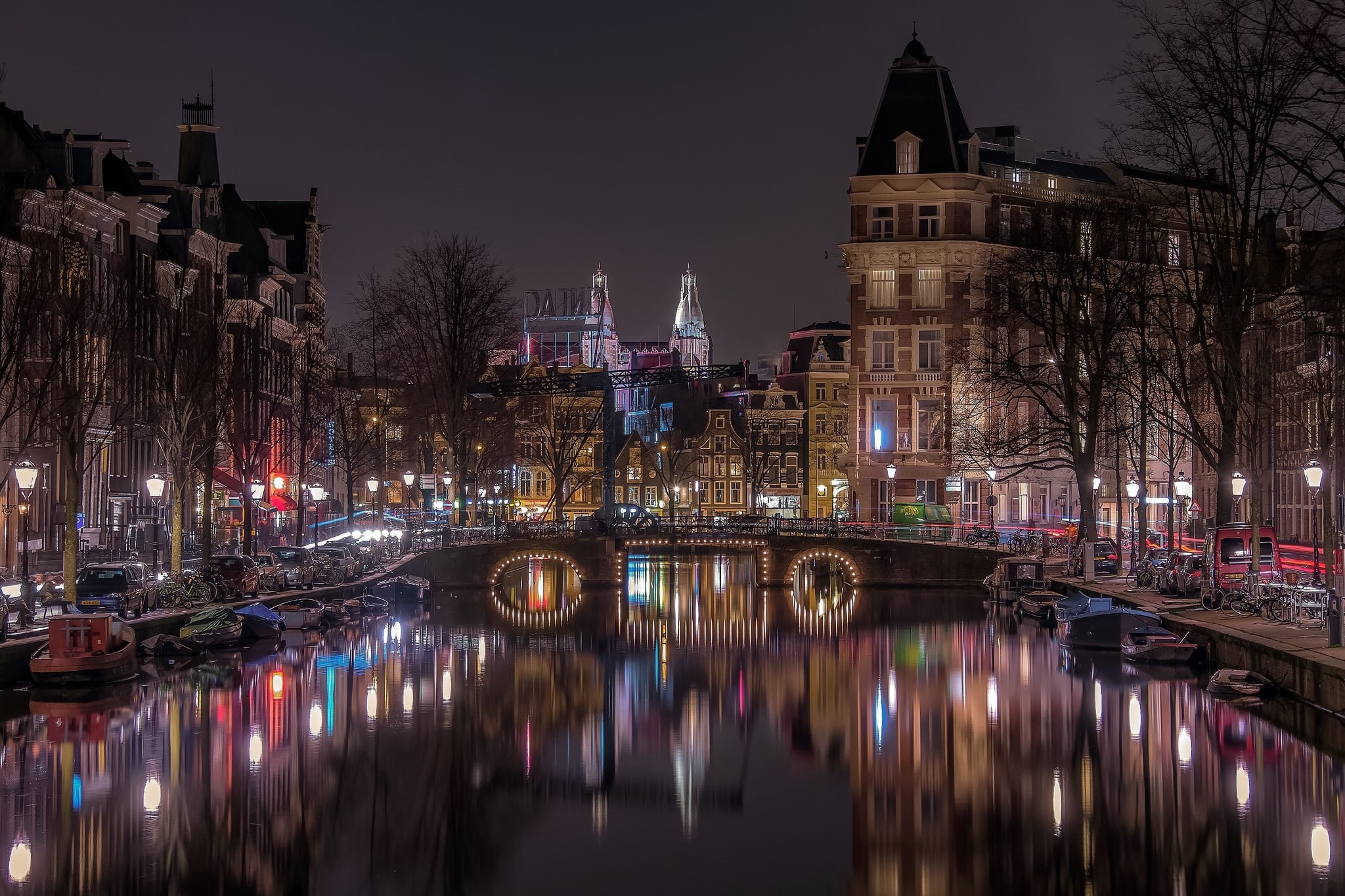 Amsterdam, trees, lighting, home, Netherlands, view, Holland, cars, building, machine, the night sky, water surface, light, lights, arch, arched, landscape, HD Wallpaper
