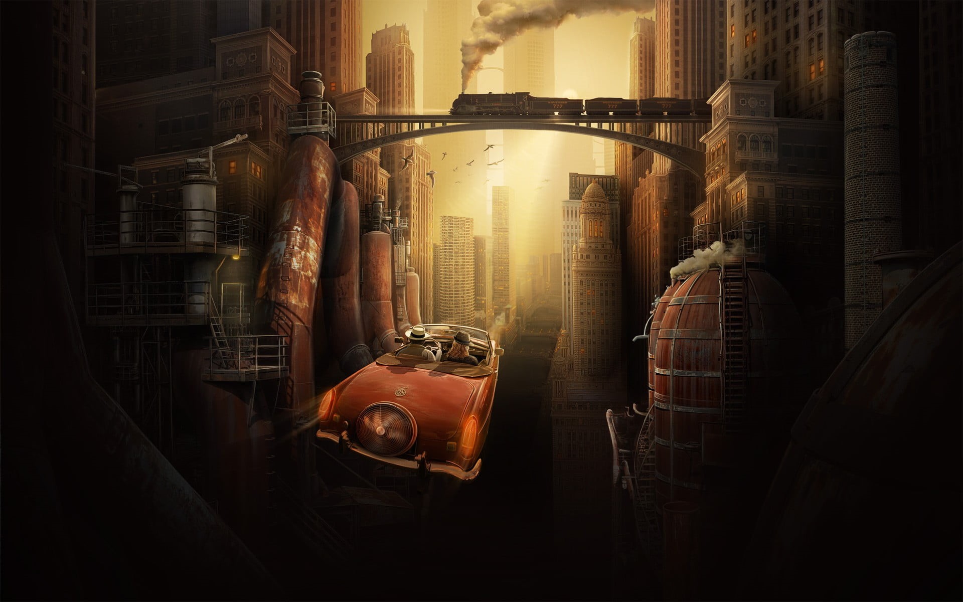 fantasy art, classic car, indoors, transparent, birds, architecture, skyscraper, framed, digital composite, city, window, vehicle, smoke, 1080P, urban, HD Wallpaper