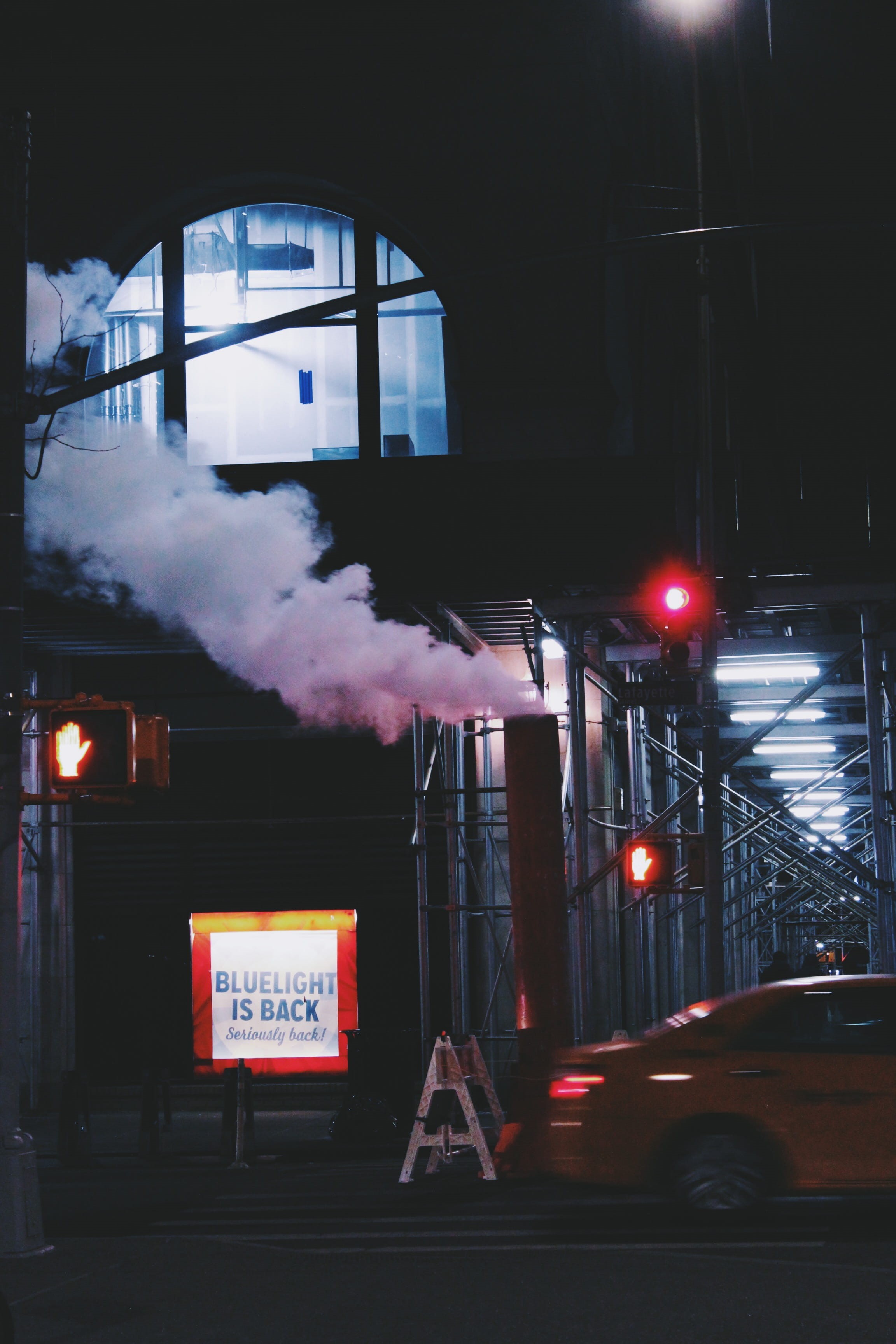 sign, smoke - physical structure, no people, lighting, pollution, building, illuminated, sky, architecture, car, building exterior, town, light, urban, Phone HD Wallpaper