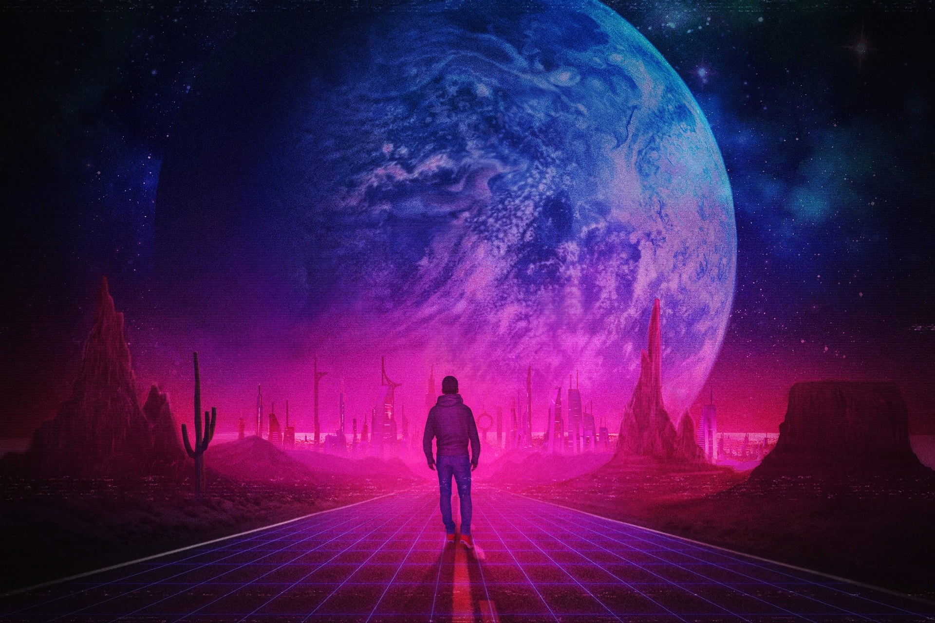 digital art, men, illustration, synthwave, neon, 1080P, artwork, road, HD Wallpaper