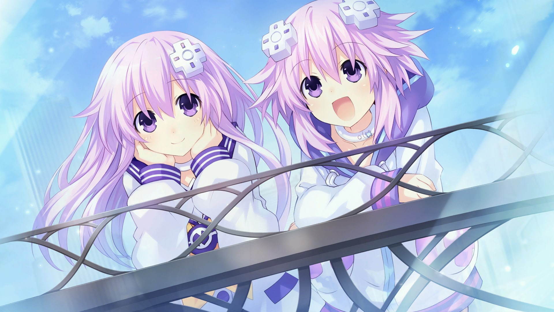looking at camera, representation, human representation, sky, nature, purple, indoors, pink color, close-up, hyperdimension neptunia, girls, focus on foreground, HD Wallpaper