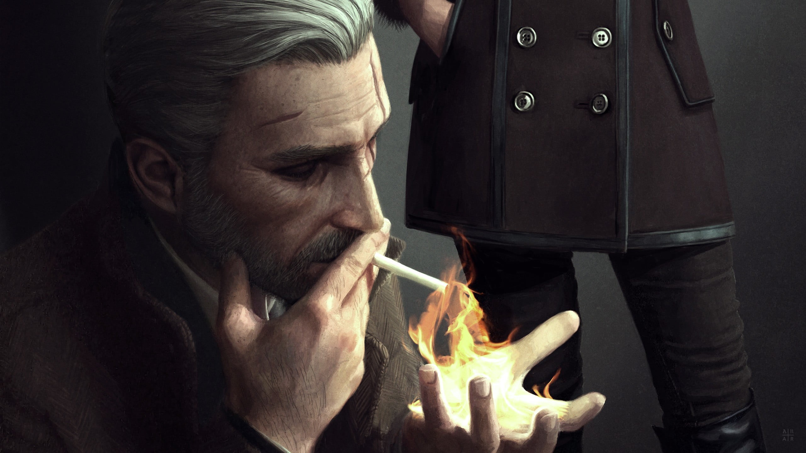 one person, The Witcher, heat - temperature, narcotic, fire - natural phenomenon, males, fire, communication, flame, game, 2K, headshot, witch, burning, HD Wallpaper